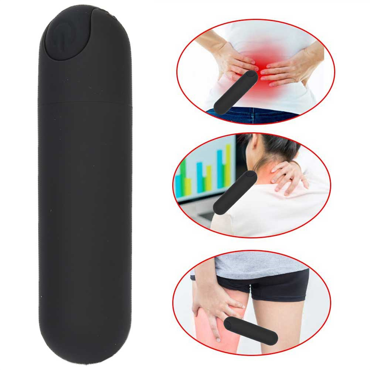 Schwarzer Vibrator mit Bildern zur Schmerzlinderung. Gezeigt auf Rücken, Nacken und Bein. Rot markiert Schmerzbereiche.