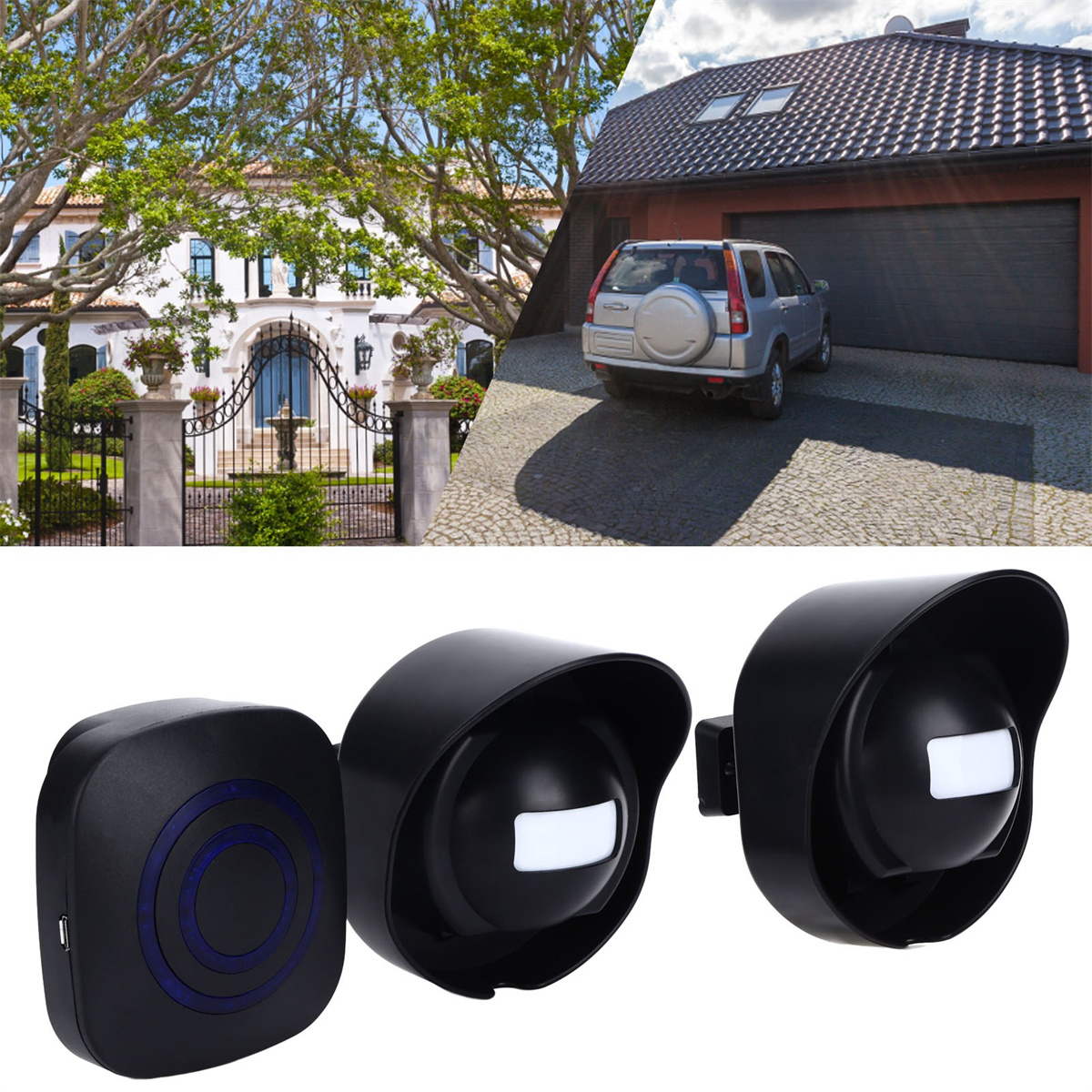 Häuser, Garage und Überwachungskameras sind abgebildet. Ein Auto steht in der Garage.