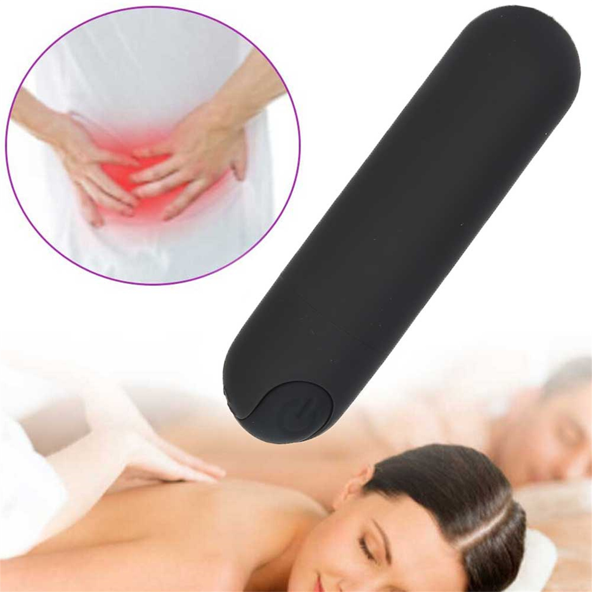 Schwarzer Vibrator. Illustration eines Rückens mit roten Schmerzen. Ein Paar ist im Hintergrund.
