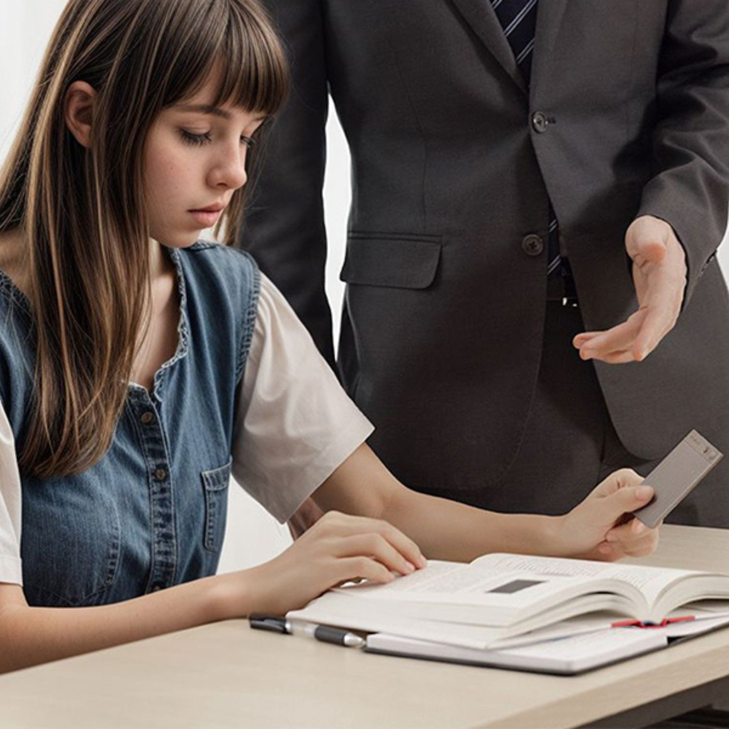 Dziewczyna przegląda książkę, za nią stoi mężczyzna i wskazuje na telefon.