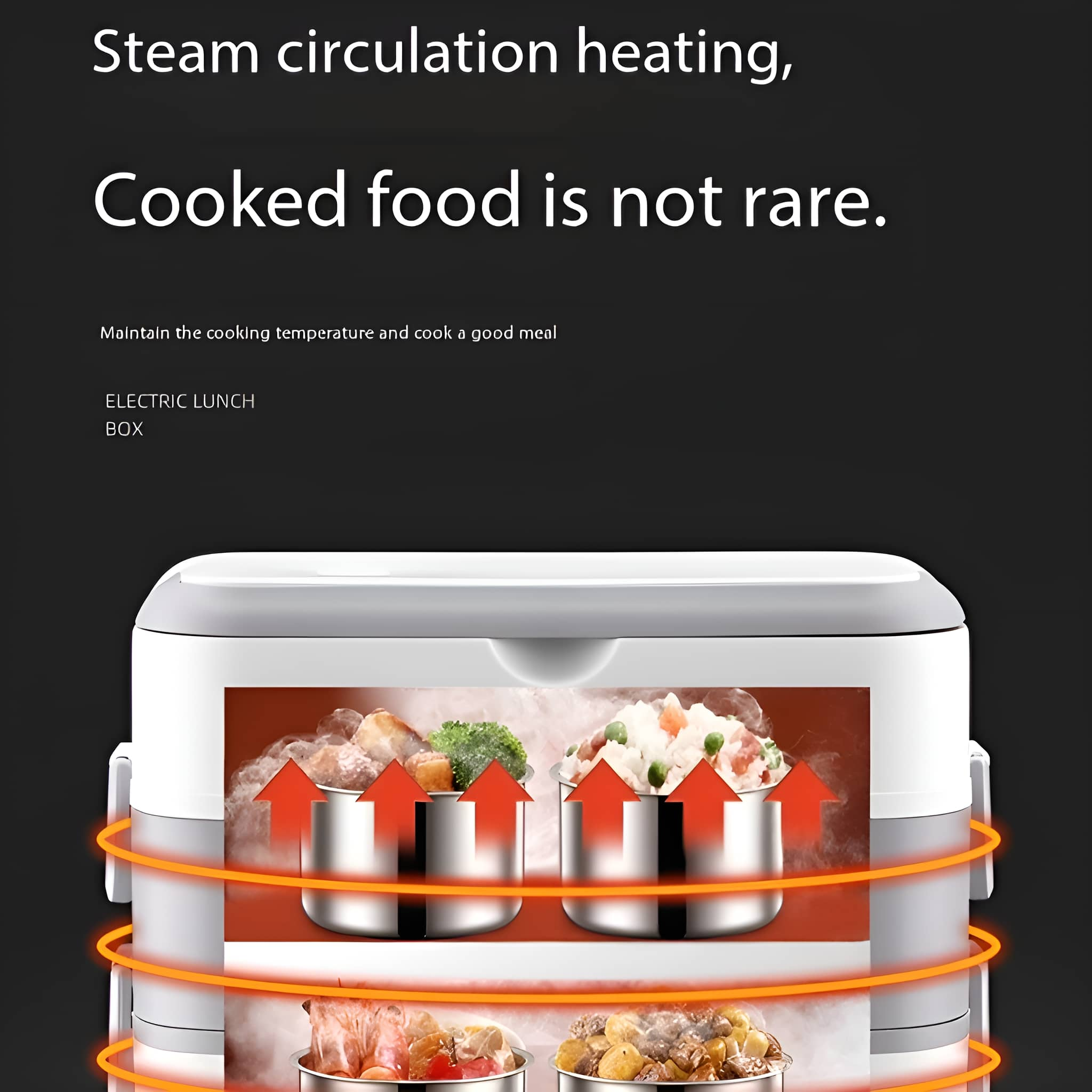 Elektrische Lunchbox mit zwei Fächern, die Essen mit aufsteigendem Dampf zeigen. Oranger Ring zeigt Wärmezirkulation.