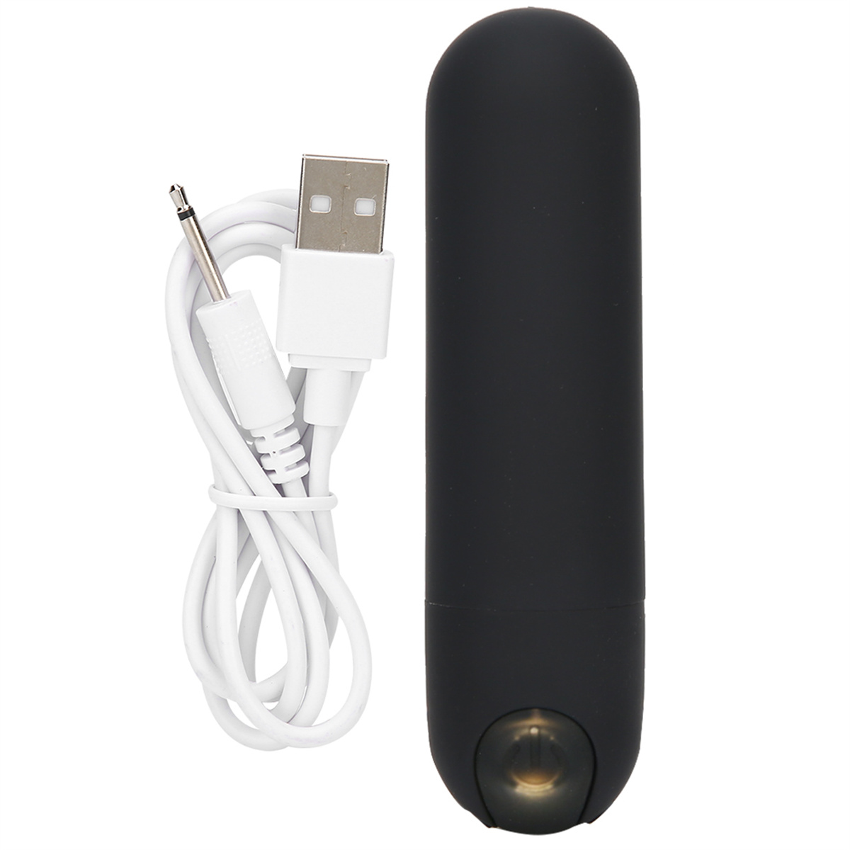 Schwarzer Vibrator mit weißem USB-Kabel.