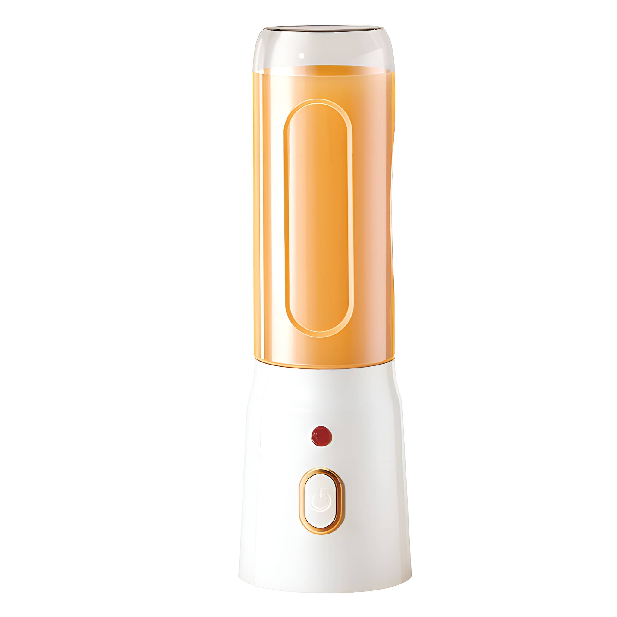 Weißer und orangener persönlicher Mixer. Er hat einen Knopf und einen transparenten Behälter.