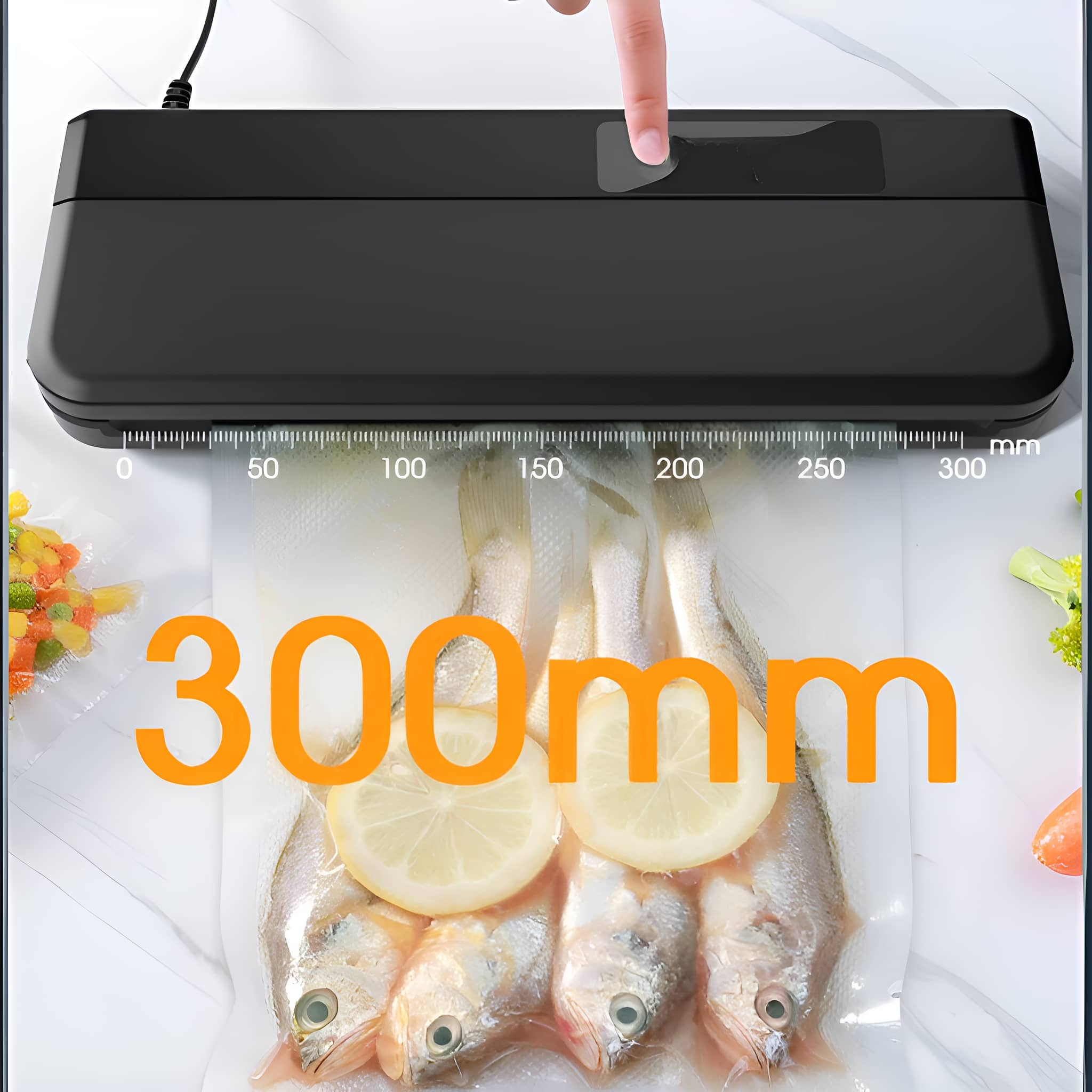 Ein schwarzes Vakuumiergerät mit Fisch und Zitronenscheiben in einem Beutel. Ein Finger drückt auf den Knopf.