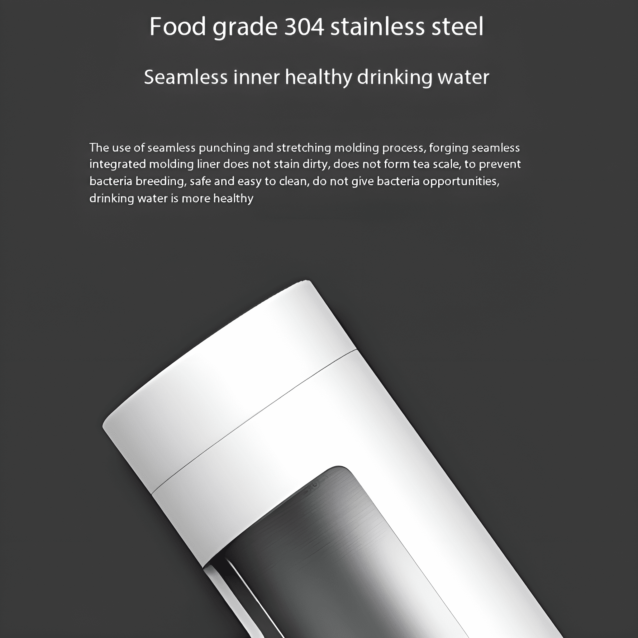 Eine weiße und silberne Thermoskanne. Der Text lautet 'Food grade 304 stainless steel' und 'Seamless inner healthy drinking water'.