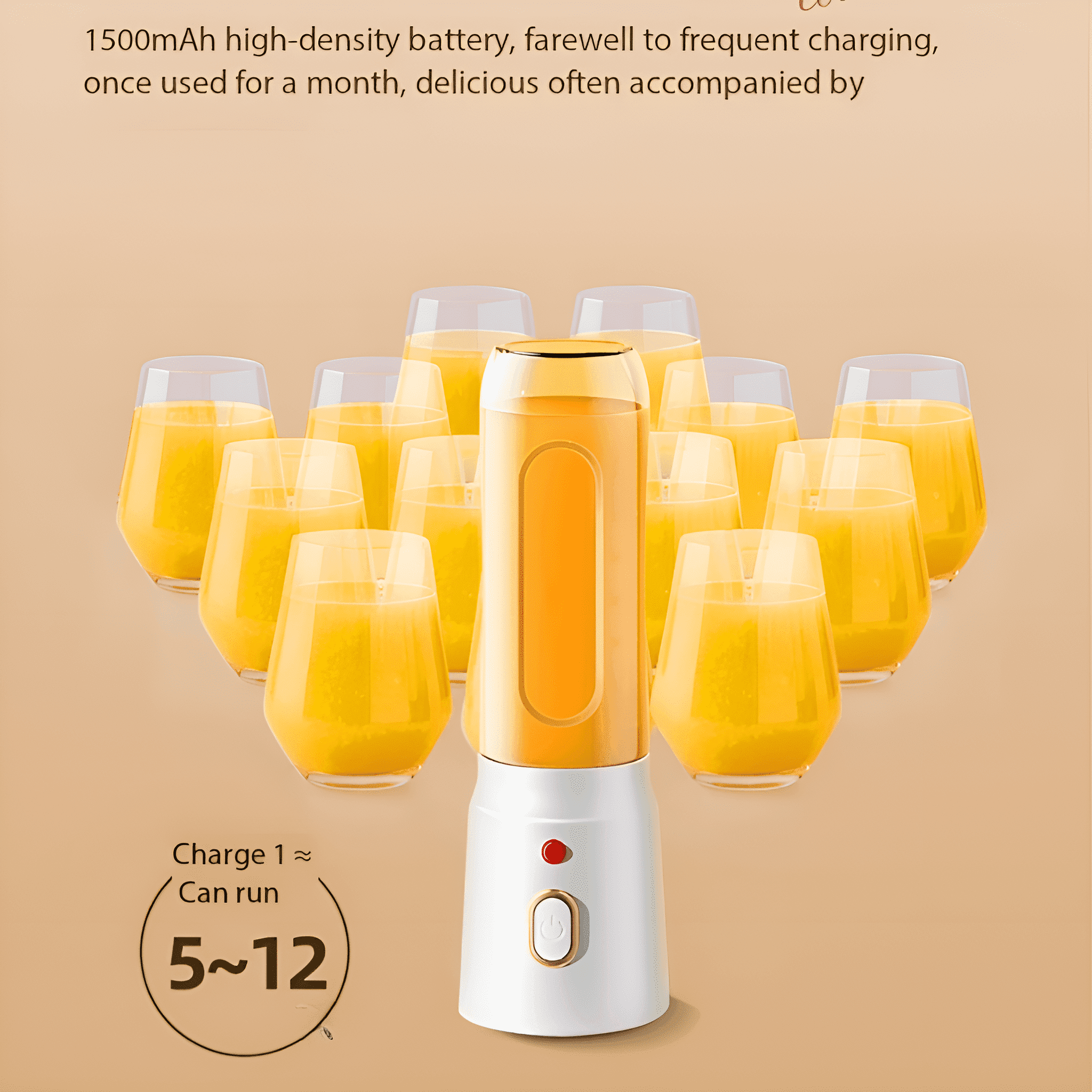 Ein Mixer mit weißer Basis und gelbem Behälter, umgeben von Gläsern mit Saft. Text oben.
