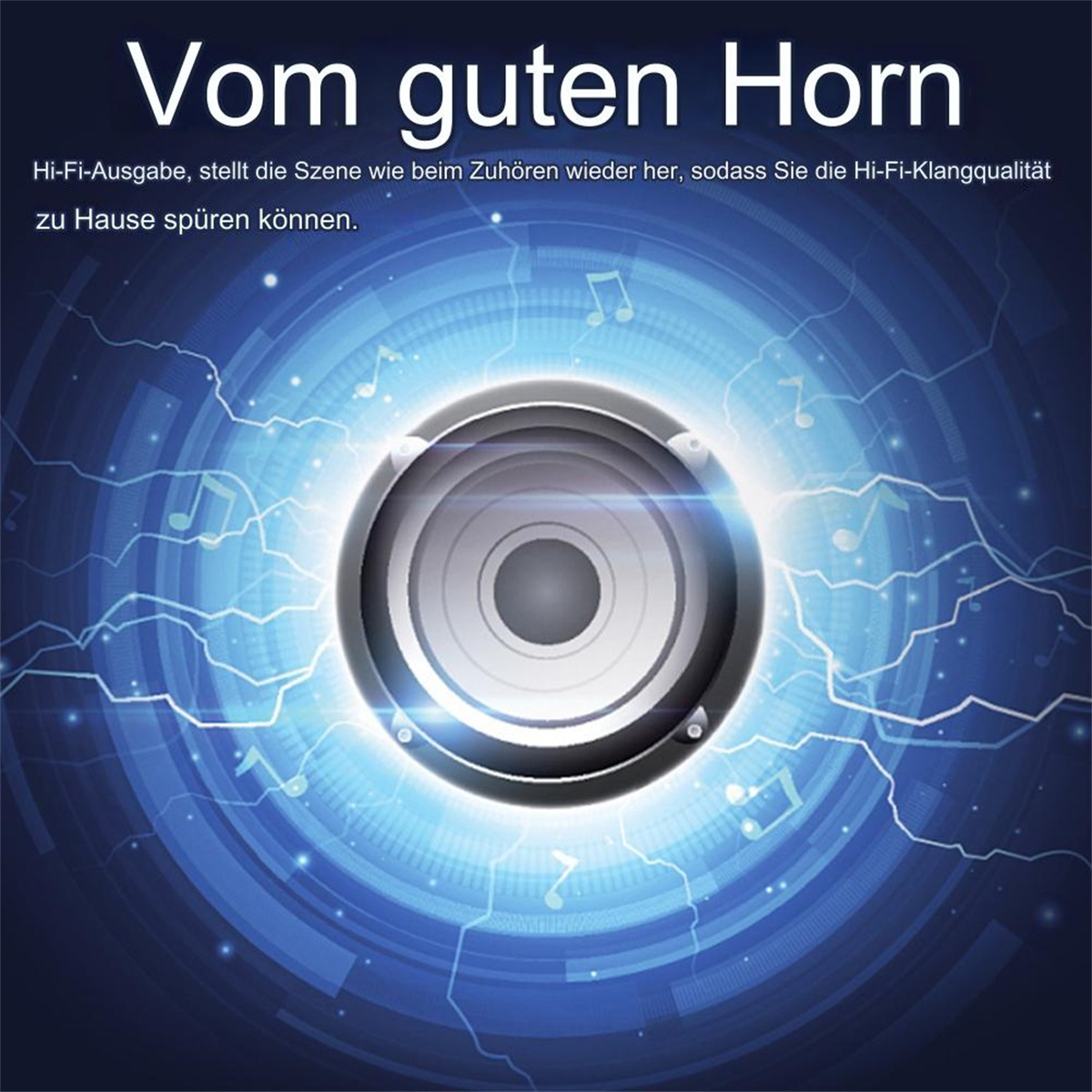 Lautsprecher mit Schallwellen, die von ihm in einem blauen Hintergrund ausgehen.