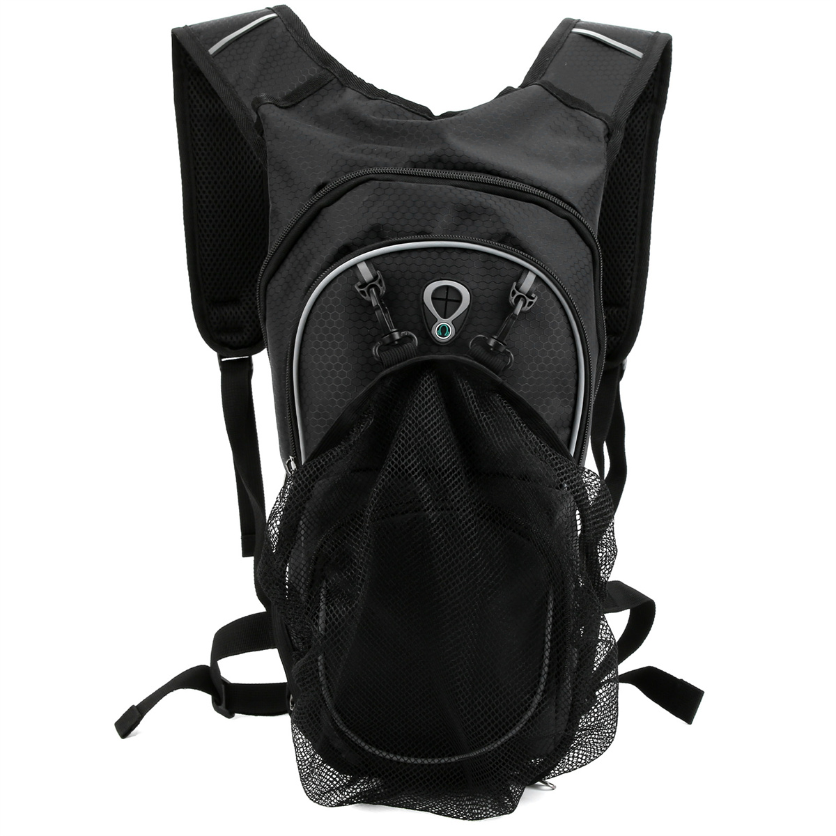 Schwarzer Trinkrucksack mit Netztasche und zwei Schultergurten. Graue Akzente und reflektierende Streifen.