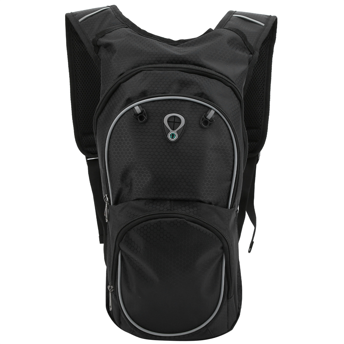Ein schwarzer Trinkrucksack mit Taschen und reflektierendem Besatz.