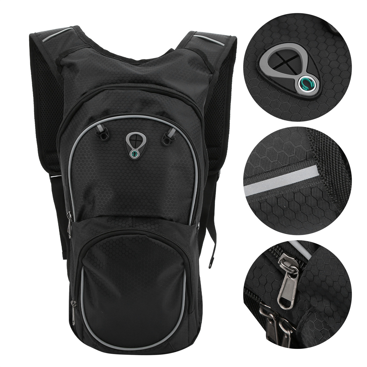 Schwarzer Trinkrucksack mit mehreren Taschen, reflektierenden Streifen und Detailaufnahmen.