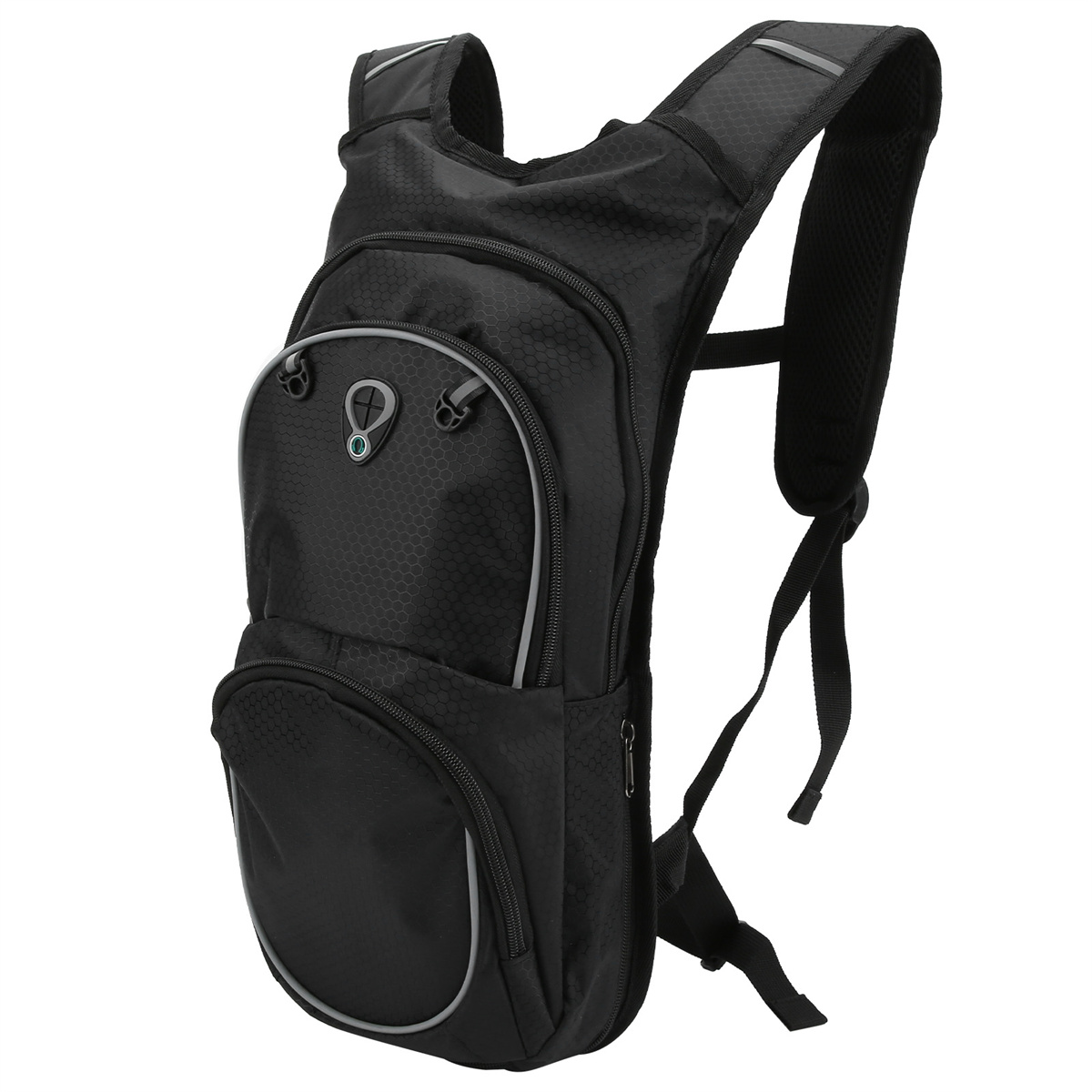 Schwarzer Trinkrucksack mit mehreren Fächern, grauen Rändern und Riemen.
