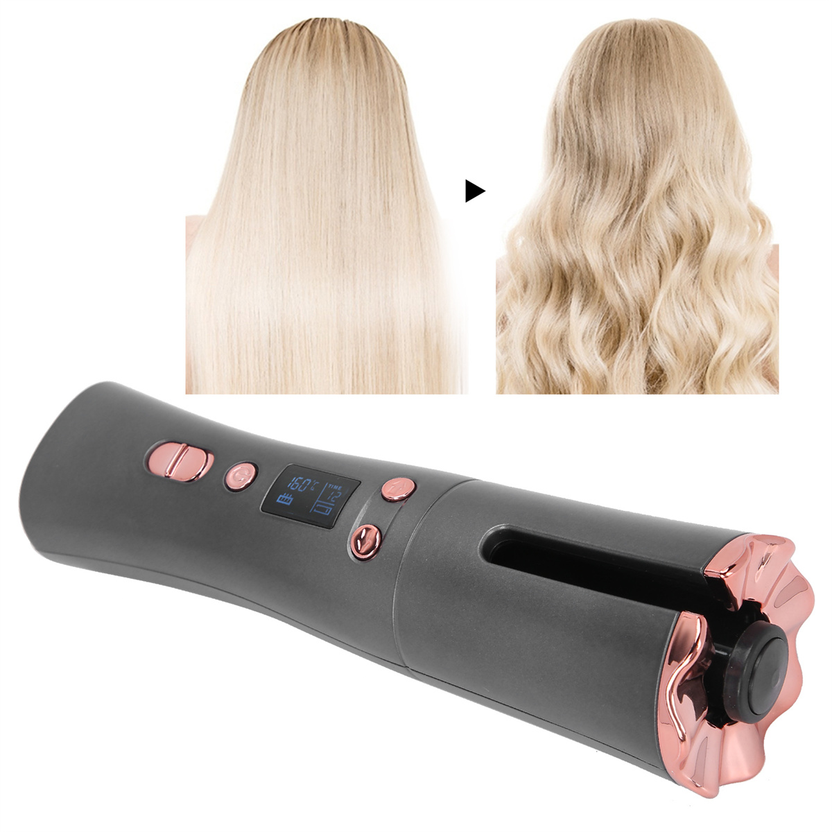 Haarcurler vorher/nachher, mit glattem blondem Haar, das zu welligem blondem Haar wird, und dem Curler.