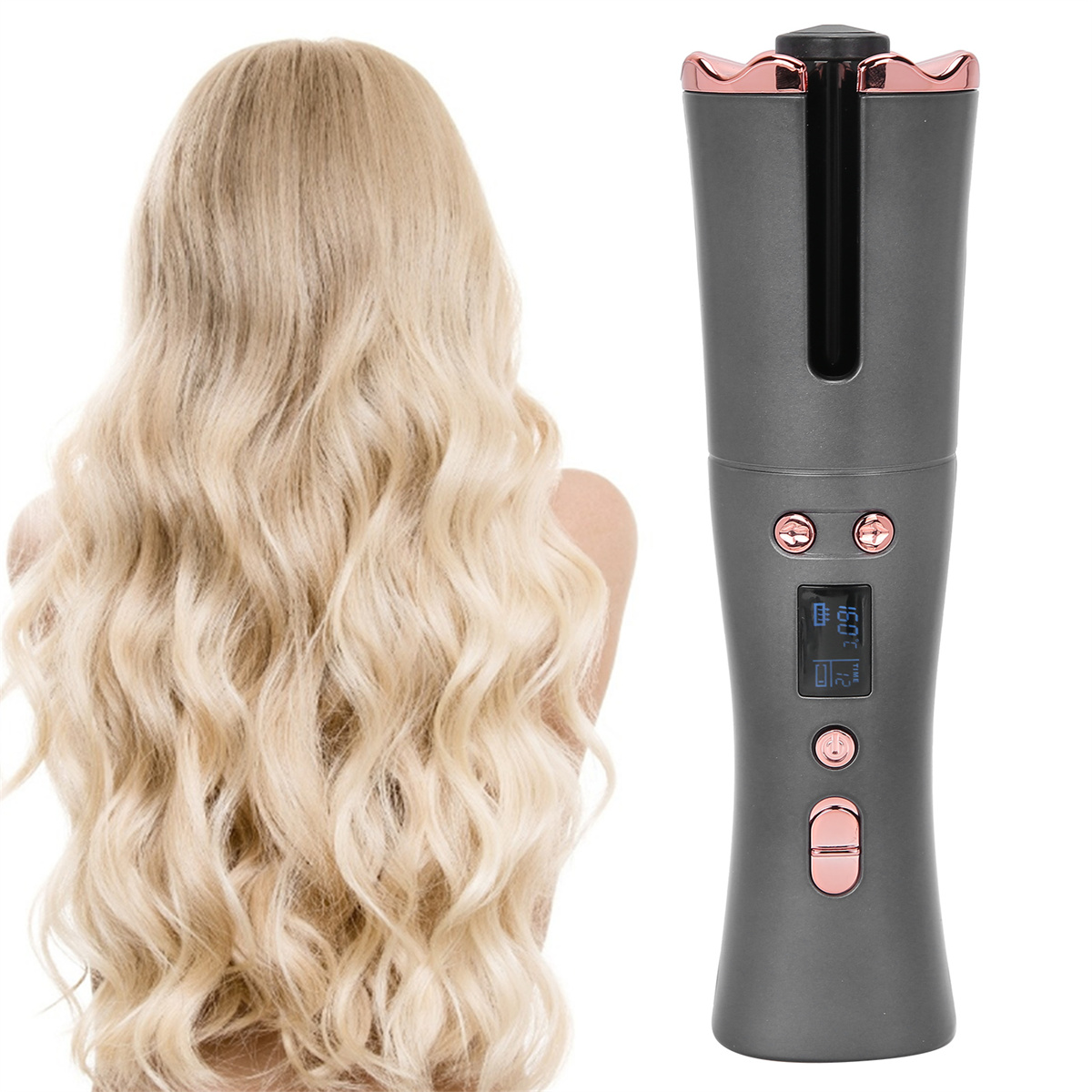 Ein Haarglätter und eine Frau mit langem, blondem, gewelltem Haar werden angezeigt.