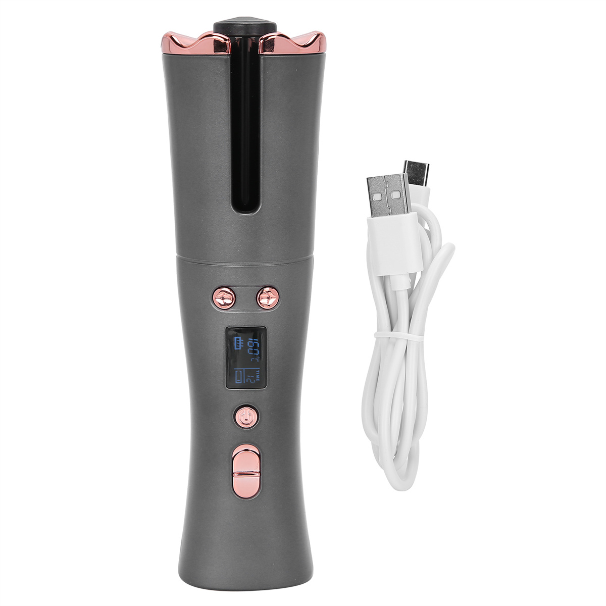 Haarstyler mit Ladekabel. Der Styler ist grau und roségoldfarben.