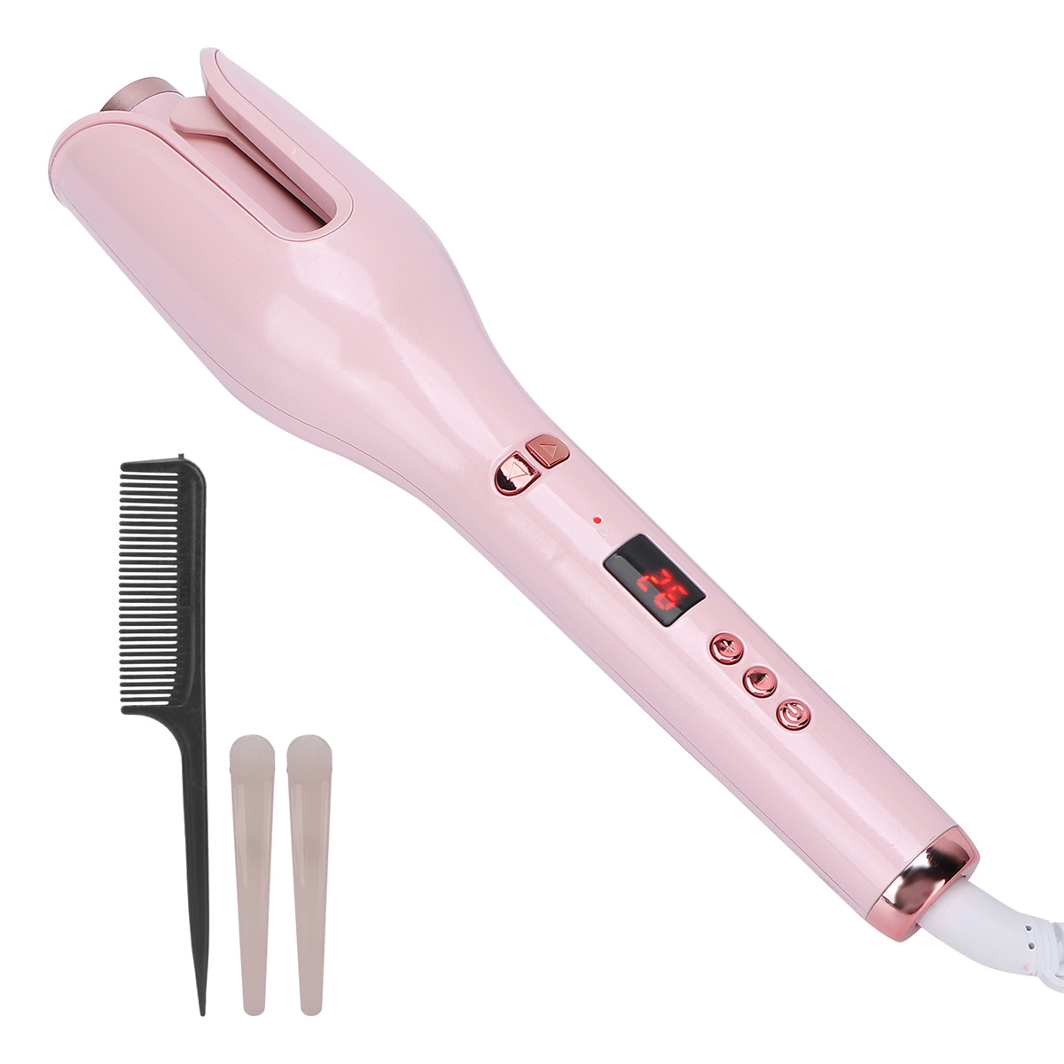 Rosa Lockenstab mit Zubehör, einschließlich Kamm und zwei Styling-Werkzeugen.