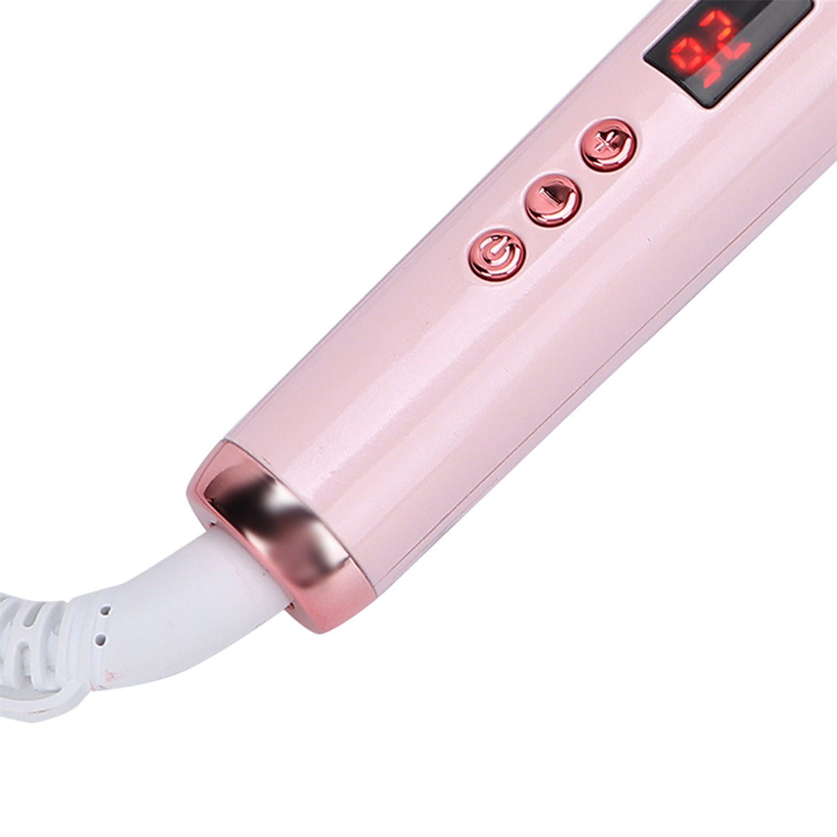 Ein rosa Lockenstab mit Digitalanzeige und Knöpfen, der den Steuerbereich des Geräts zeigt.