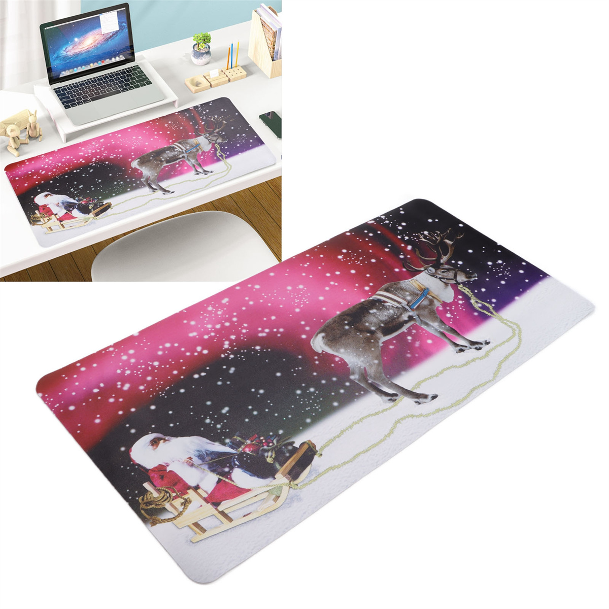 Eine Schreibtischunterlage mit Santa Claus und Rentier Design auf einem weißen Schreibtisch.