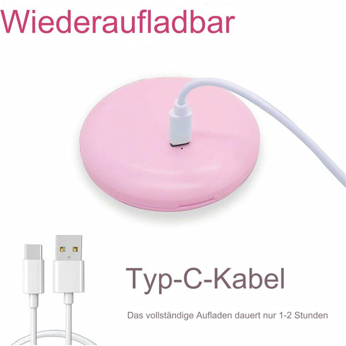 Rosa Ladegerät mit Kabel und dem Text 'Wiederaufladbar'.