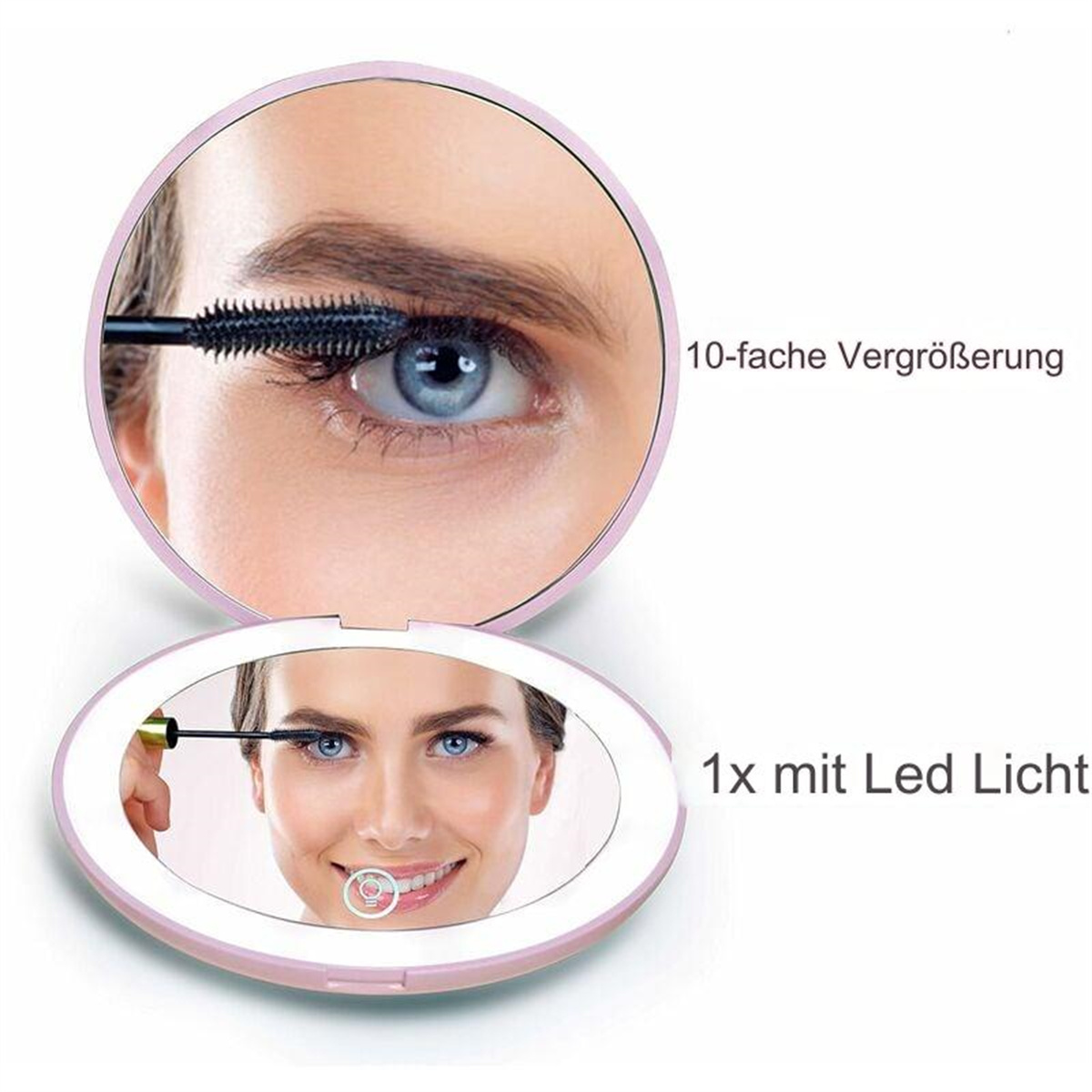 Frau, die Mascara aufträgt, mit einem Spiegel. Ein Spiegel zeigt eine Nahaufnahme des Auges.