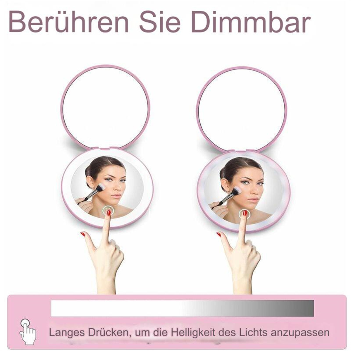 Zwei Spiegel mit Frauen, die sich schminken. Touchscreen mit Helligkeitseinstellung.