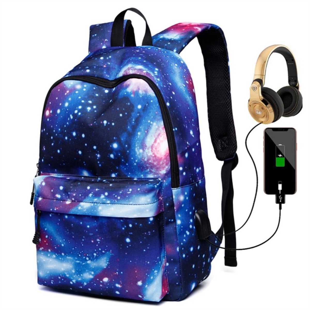 Rucksack im Galaxien-Design mit Kopfhörern und einem ladenden Telefon.