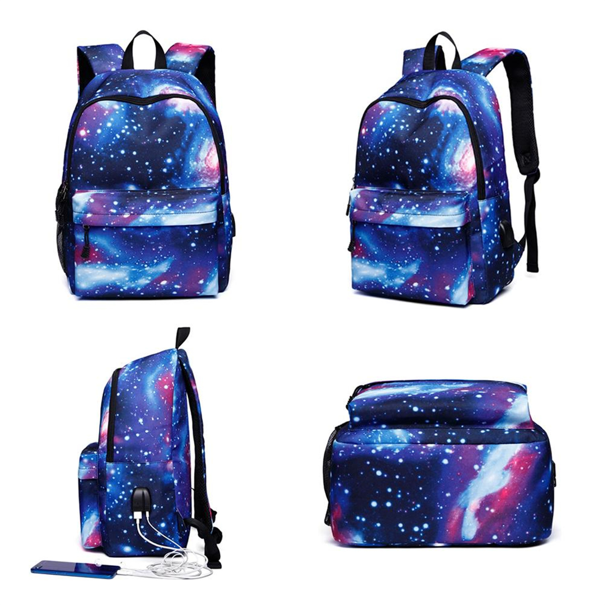 Rucksäcke mit Galaxie-Design, verschiedene Ansichten: vorne, seitlich und oben.