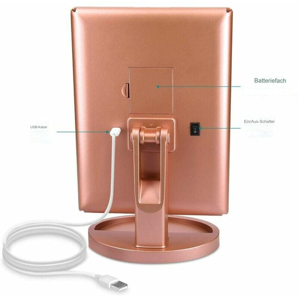 Rückseite eines rosé-goldenen beleuchteten Schminkspiegels. USB-Kabel und Netzschalter sichtbar.