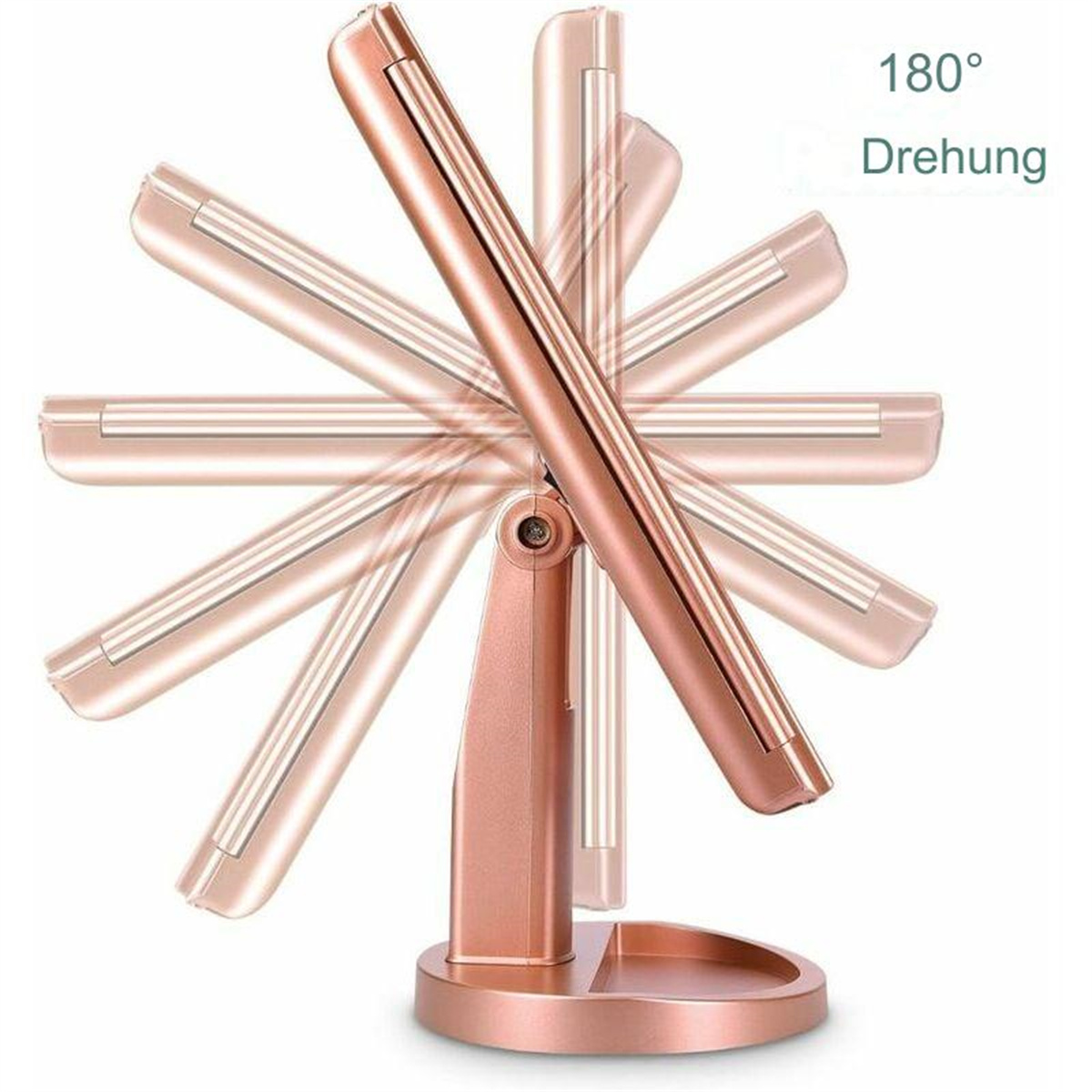 Ein roségoldfarbener Klappspiegel mit mehreren Reflexionen, der eine 180-Grad-Drehung zeigt.