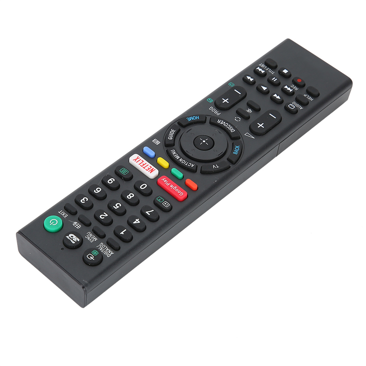 Schwarze Fernbedienung mit vielen Tasten. Netflix- und Google Play-Tasten sind sichtbar.