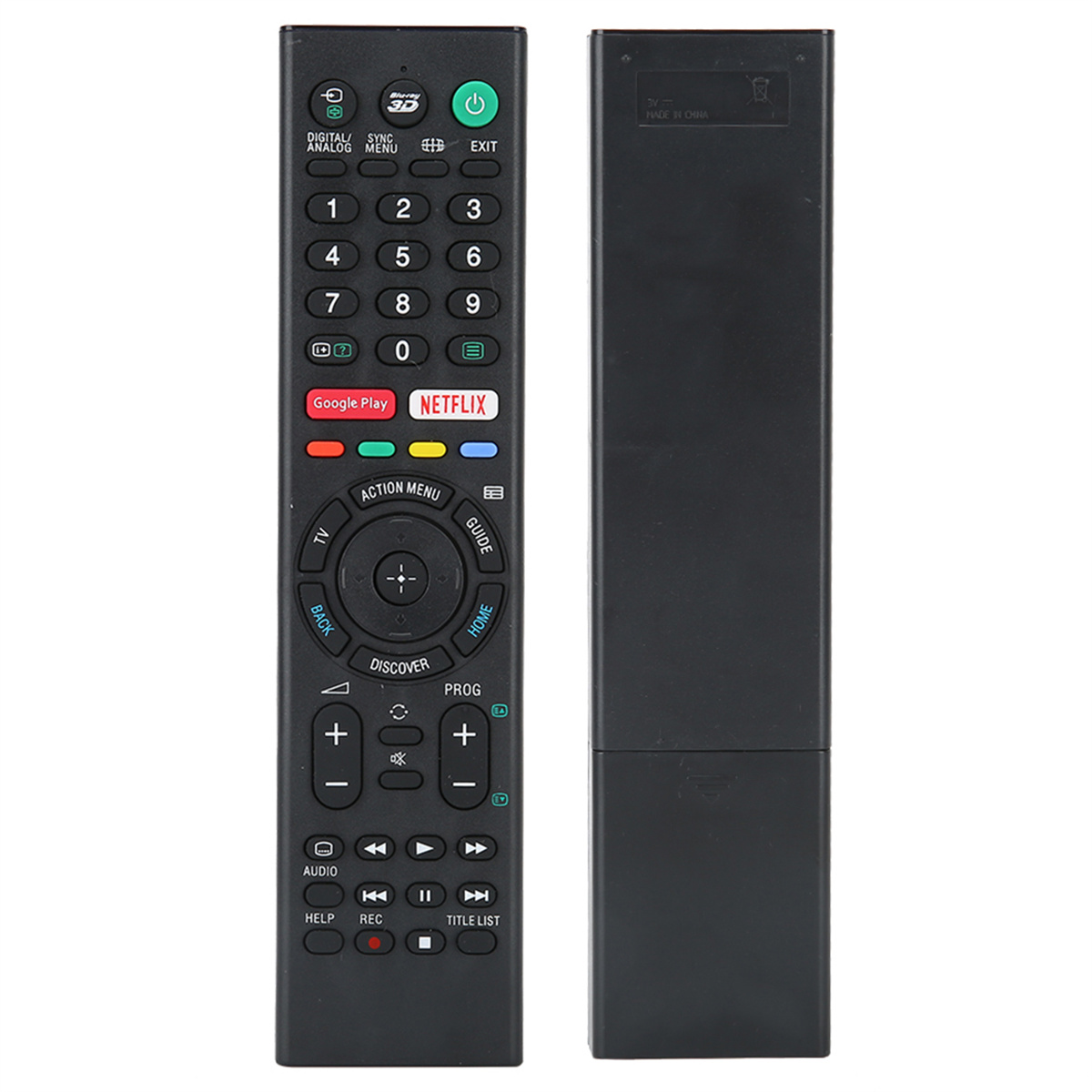 Fernbedienung mit vielen Tasten, Vorder- und Rückansicht. Für einen Fernseher entworfen.