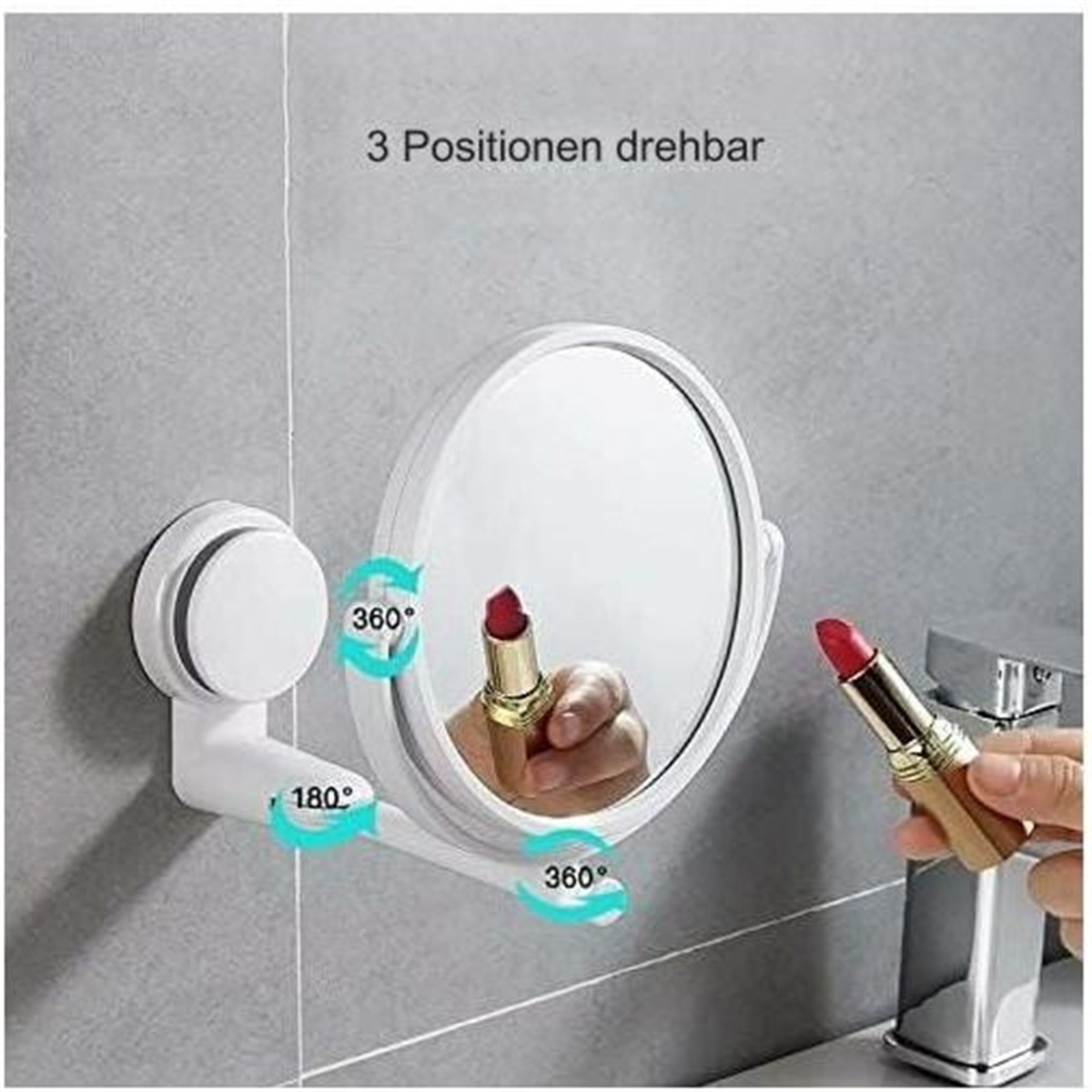 Ein weißer, drehbarer Spiegel mit Lippenstift und Hand. Der Spiegel befindet sich auf weißer Basis, an der Wand.