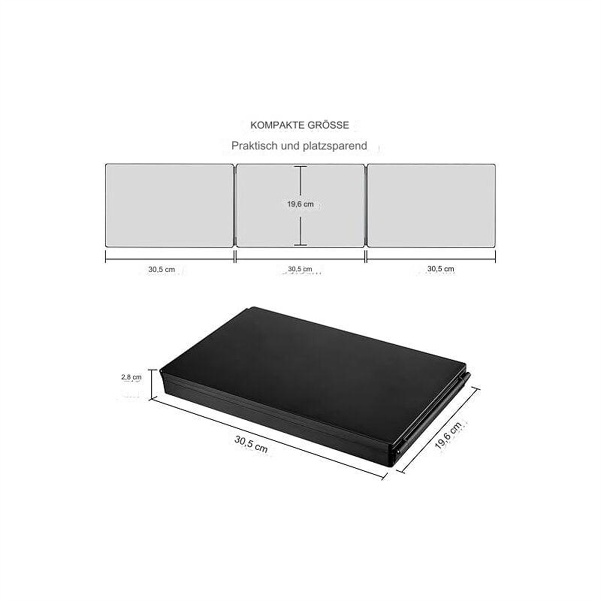 Schwarze Aufbewahrungsbox und Diagramm mit den Abmessungen der Box, beschriftet in Zentimetern.