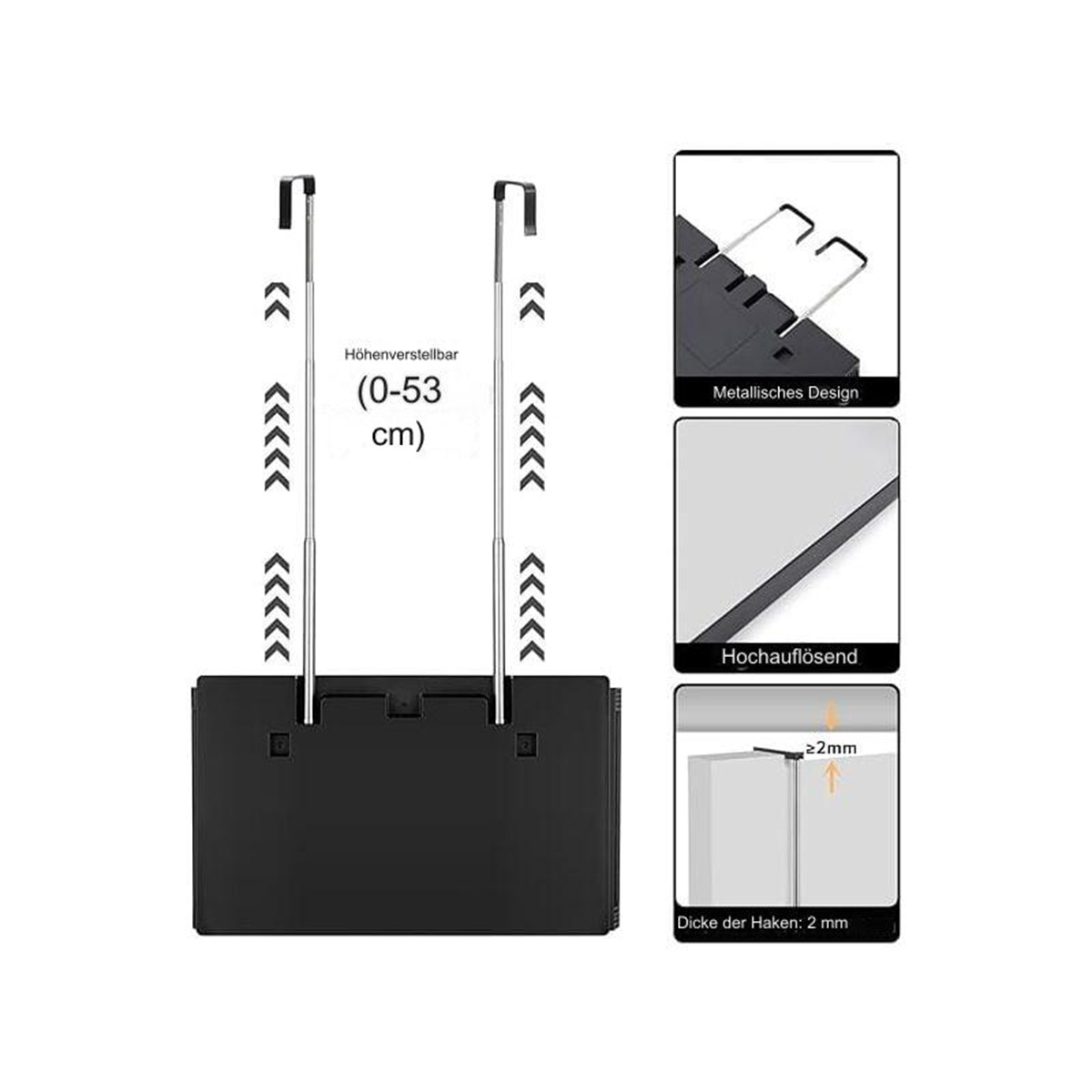 Verstellbare schwarze Regalhalterung mit Messungen und Details wie metallisches Design.