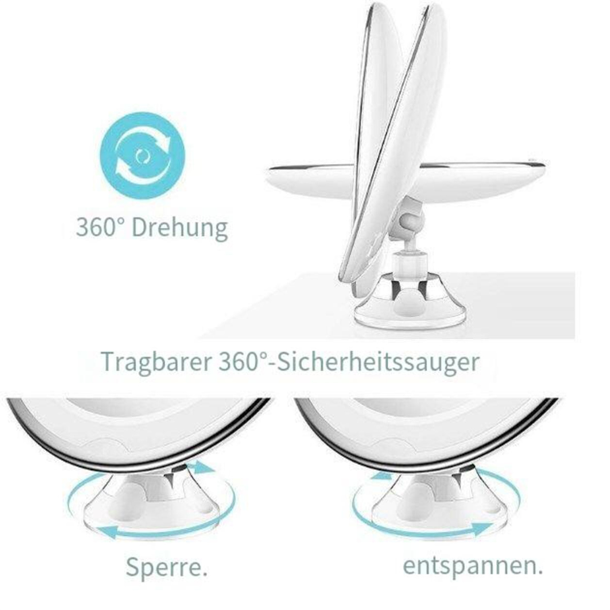 Autohalterung mit 360°-Drehfunktion, mit Diagrammen, die Ver- und Entriegelung zeigen.