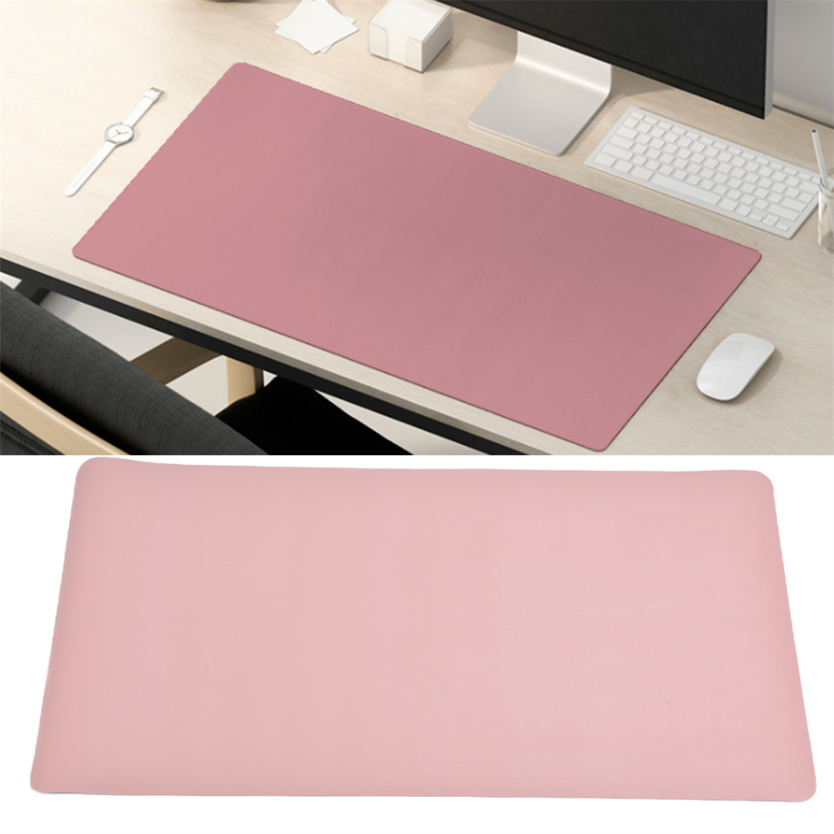 Ein rosa Mousepad auf einem Schreibtisch mit Computer und Zubehör, und Draufsicht auf das Pad.