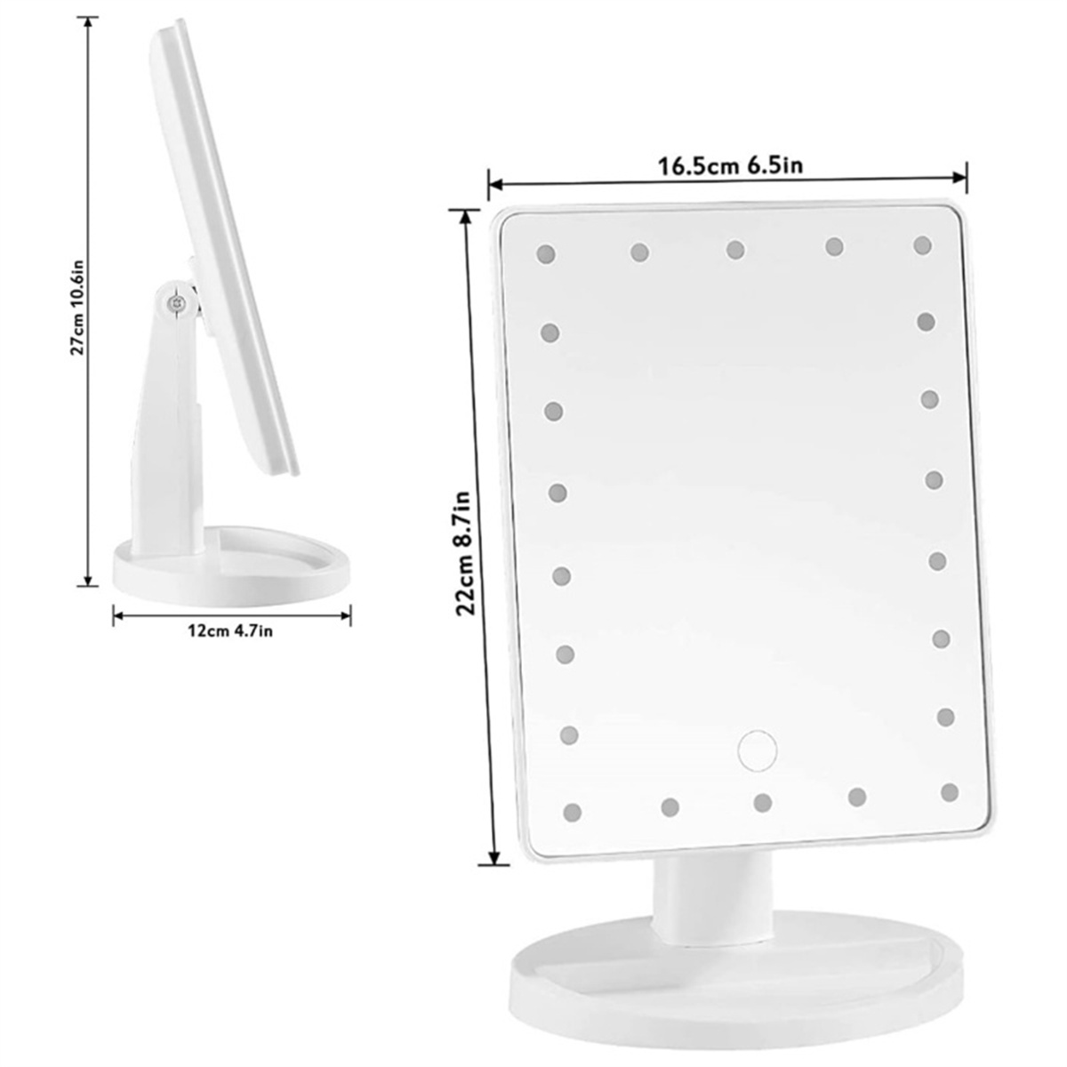 Ein weißer Schminkspiegel mit Lichtern, Maße beschriftet: 27x10,6 Zoll und 22x8,7 Zoll.