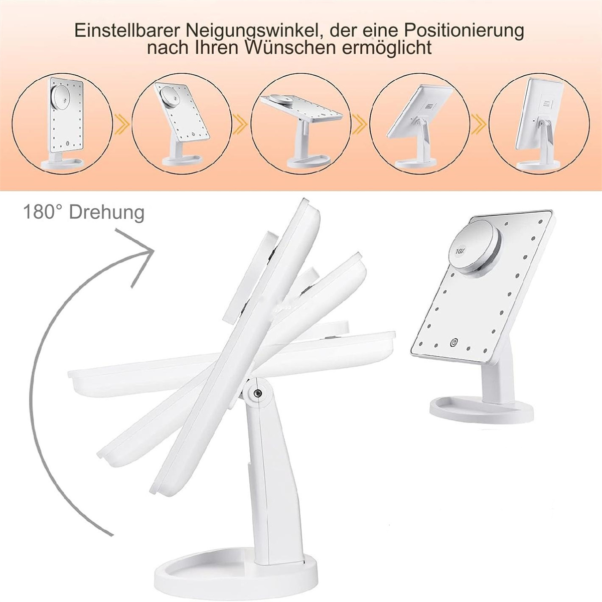 Weißer Klappspiegel mit einstellbaren Winkeln. Demonstriert verschiedene Positionen.
