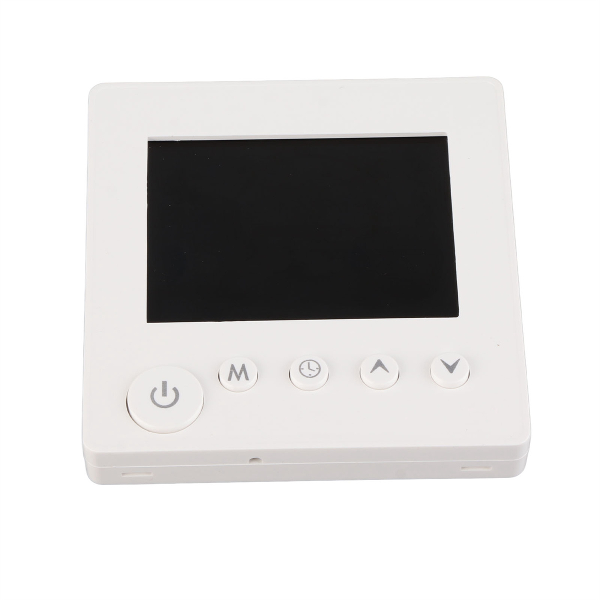 Ein weißes Thermostat mit schwarzem Bildschirm und Tasten für Strom und Einstellungen.