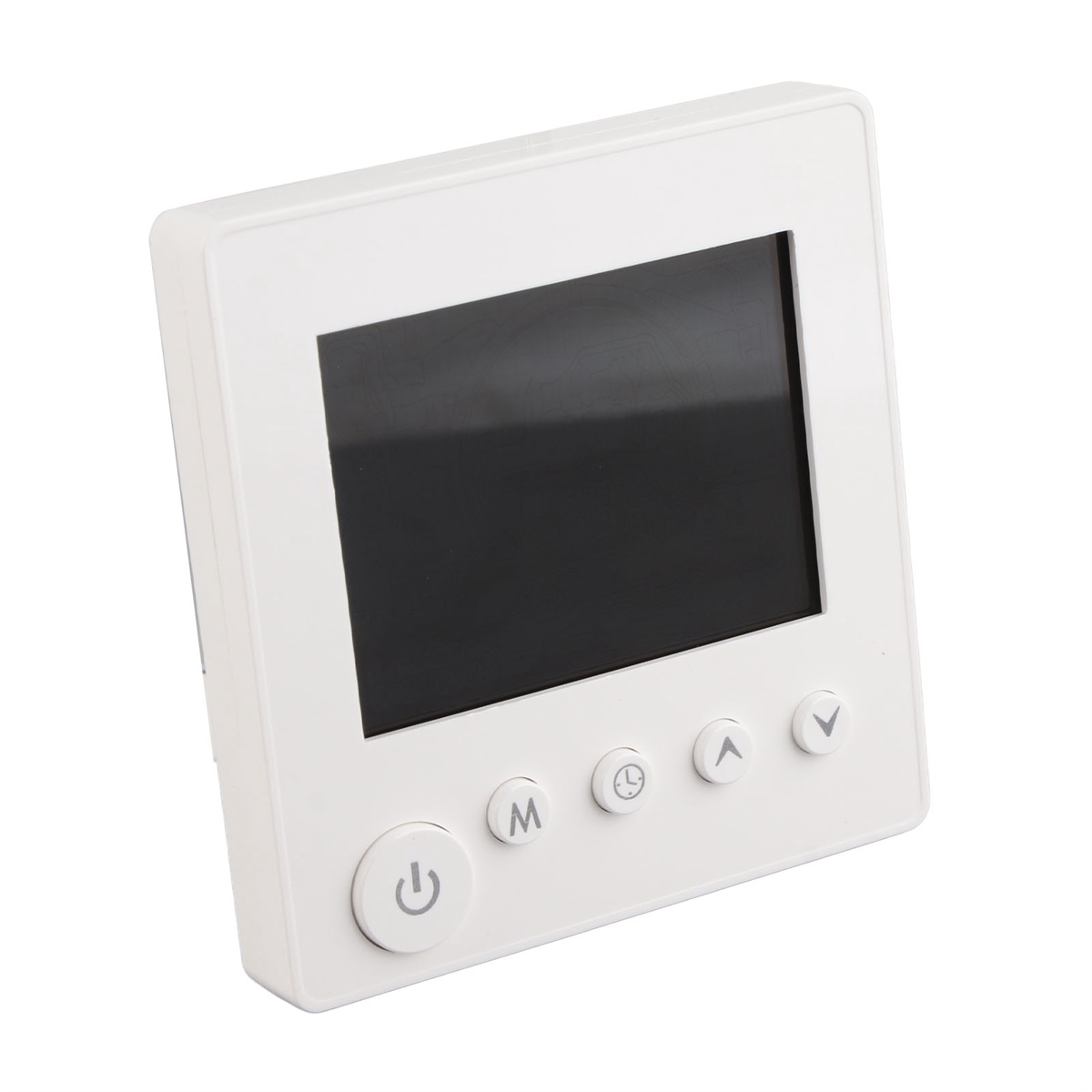 Weißes Thermostat mit schwarzem Bildschirm und Knöpfen. Power, Menü, Auf und Ab.