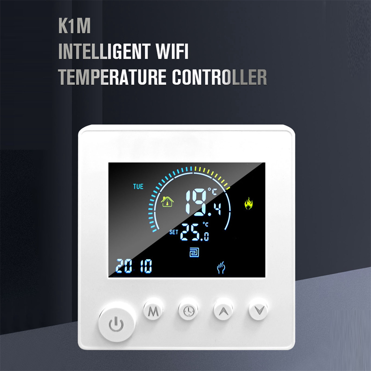 Weißer Smart-Thermostat-Bildschirm, der die Temperatur 19,4 °C und die Uhrzeit 20:10 anzeigt.