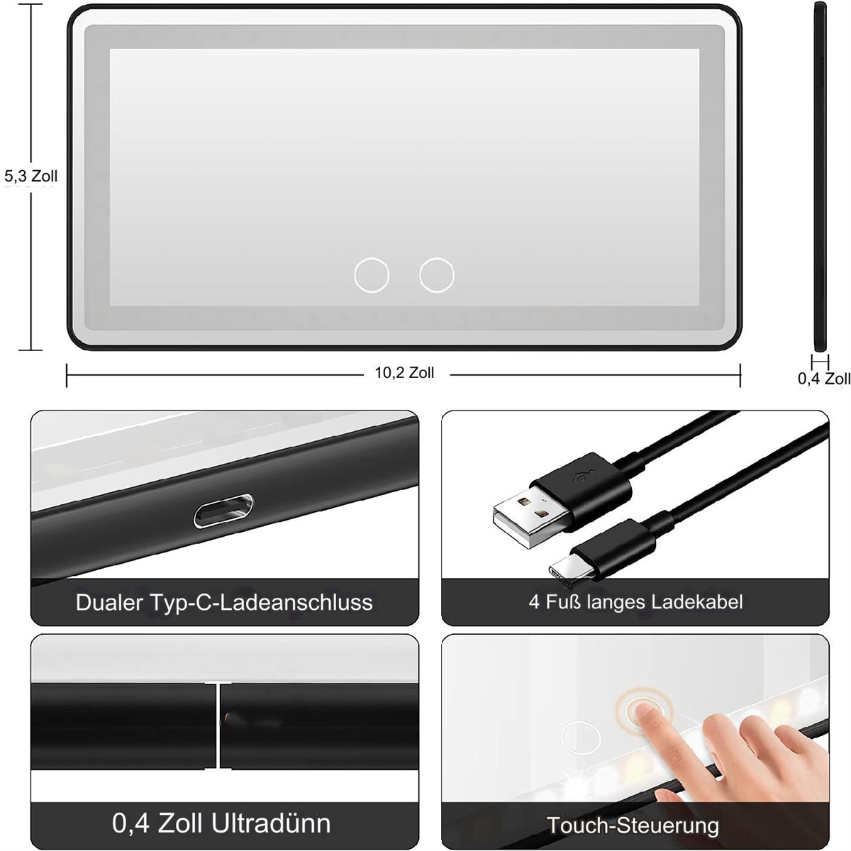 Rechteckiger Spiegel mit Abmessungen. Enthält einen Ladeanschluss, ein Kabel und eine Touch-Steuerung.