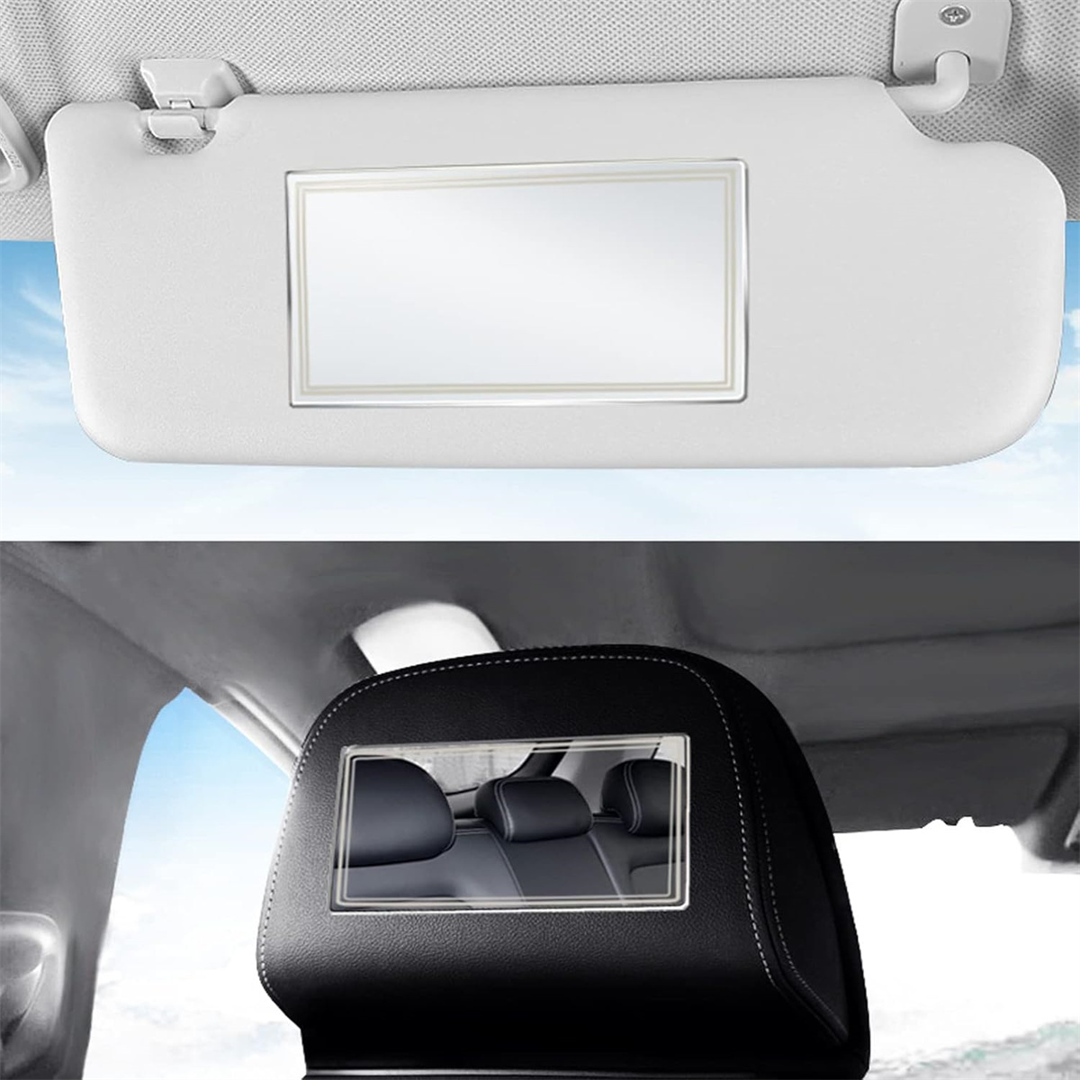 Auto-Sonnenblende mit Spiegel und Auto-Kopfstütze mit Spiegel.