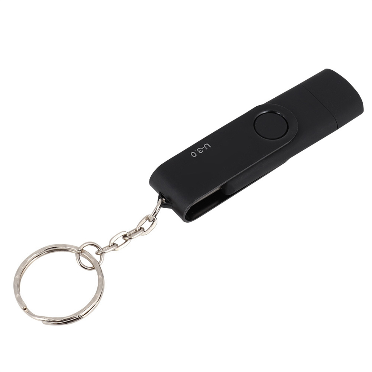 Ein schwarzer USB 3.0-Flash-Laufwerk mit Schlüsselanhänger. Das Laufwerk hat das USB 3.0-Logo darauf.