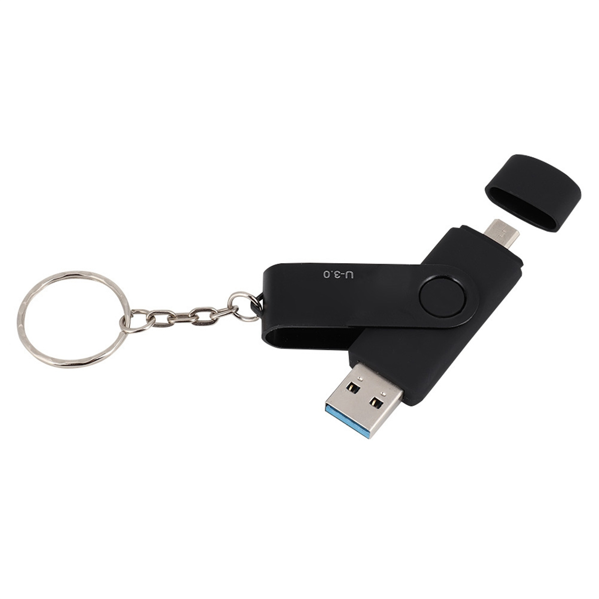 Schwarzer USB-Stick mit Drehdesign, an einem Schlüsselring befestigt, isoliert auf Weiß.