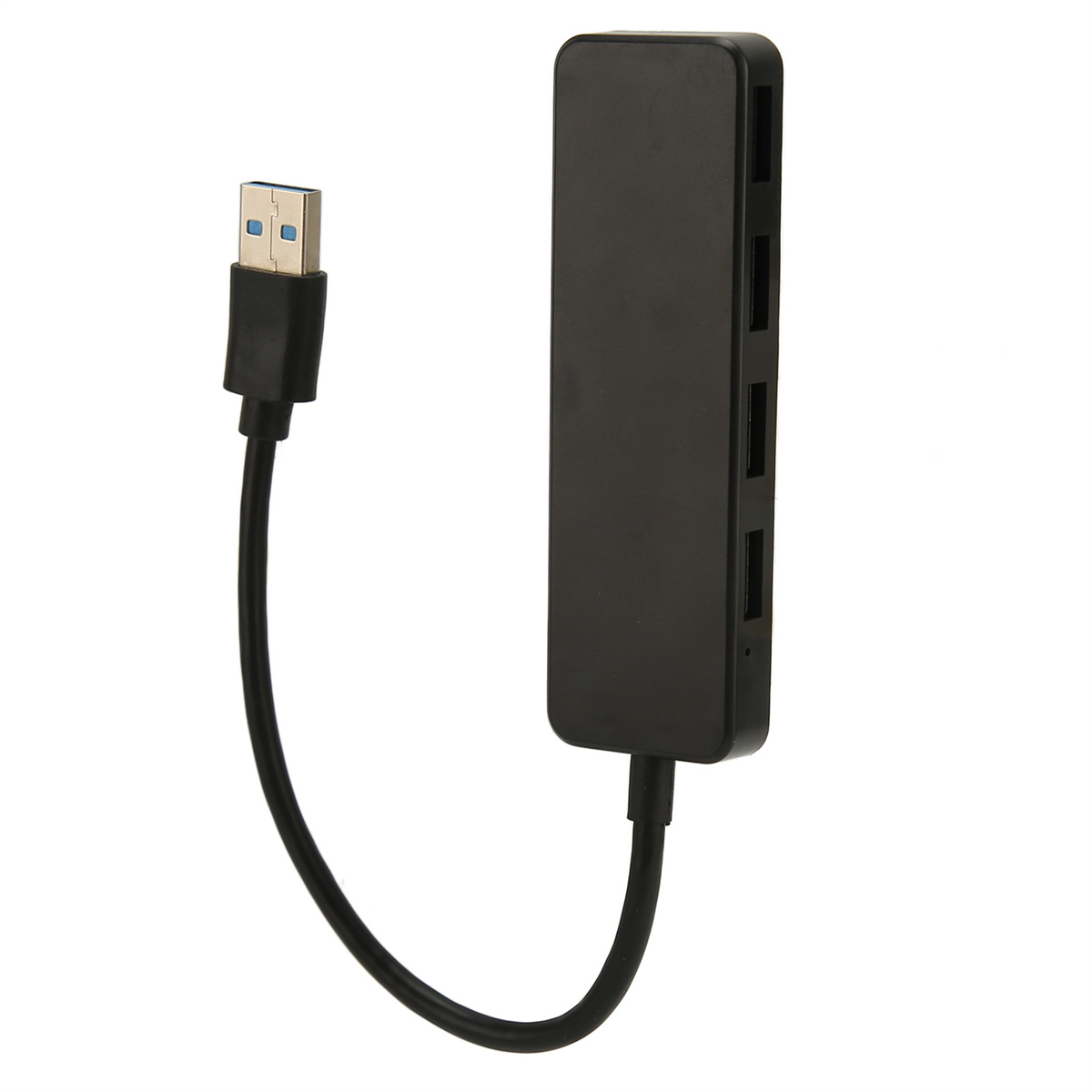 Ein schwarzer USB-Hub mit vier USB-Anschlüssen. Ein schwarzes Kabel ist am Hub befestigt.