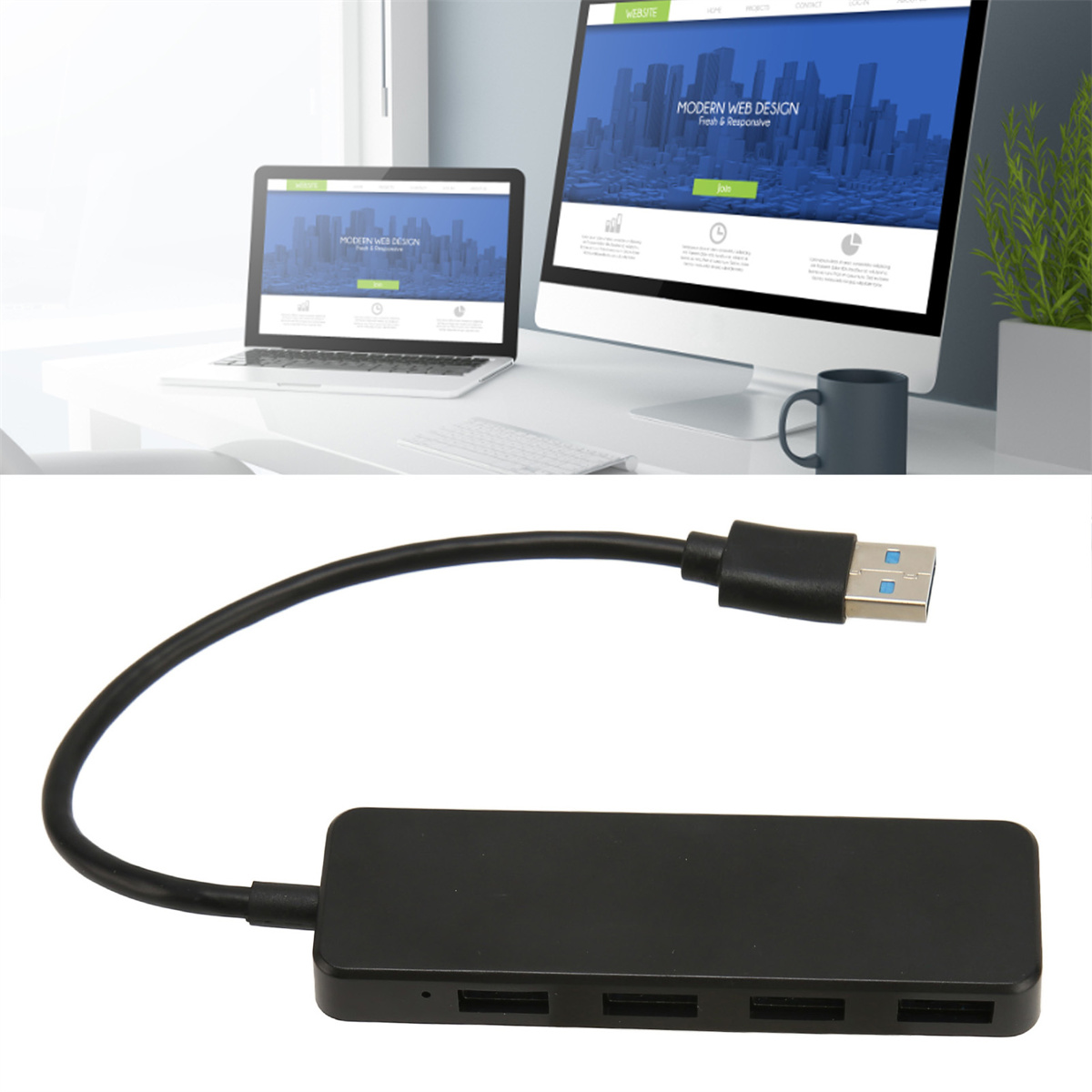 Ein schwarzer USB-Hub mit Laptop und Monitor, die eine Website anzeigen.