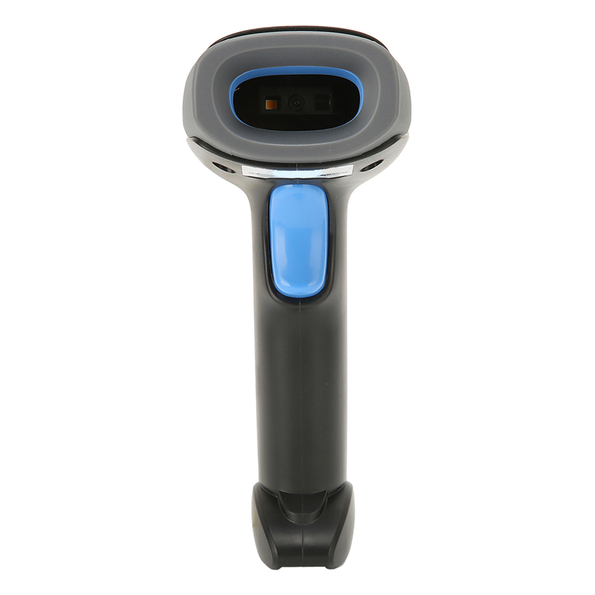 Ein schwarzer und grauer Barcode-Scanner wird vor weißem Hintergrund gezeigt.