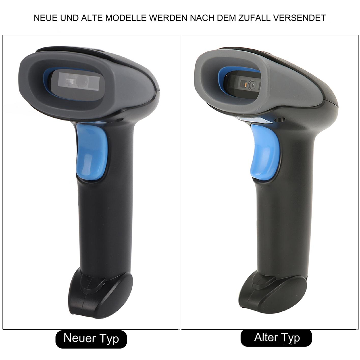 Zwei Handheld-Barcodescanner. Einer ist neu, der andere alt. Beide haben blaue Tasten und graue Griffe.