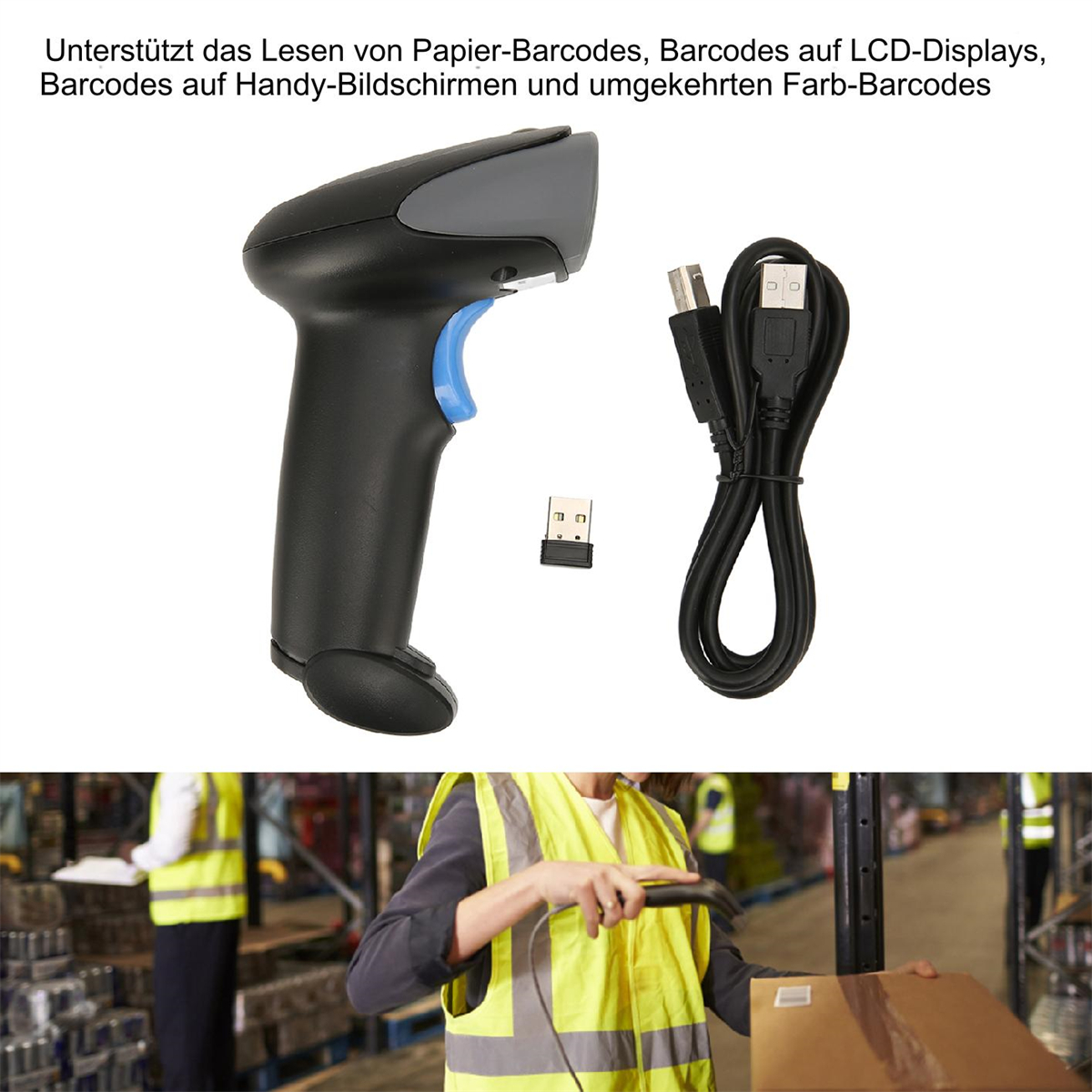 Ein Handscanner mit Kabel und USB-Empfänger. Eine Person scannt eine Box in einem Lagerhaus.