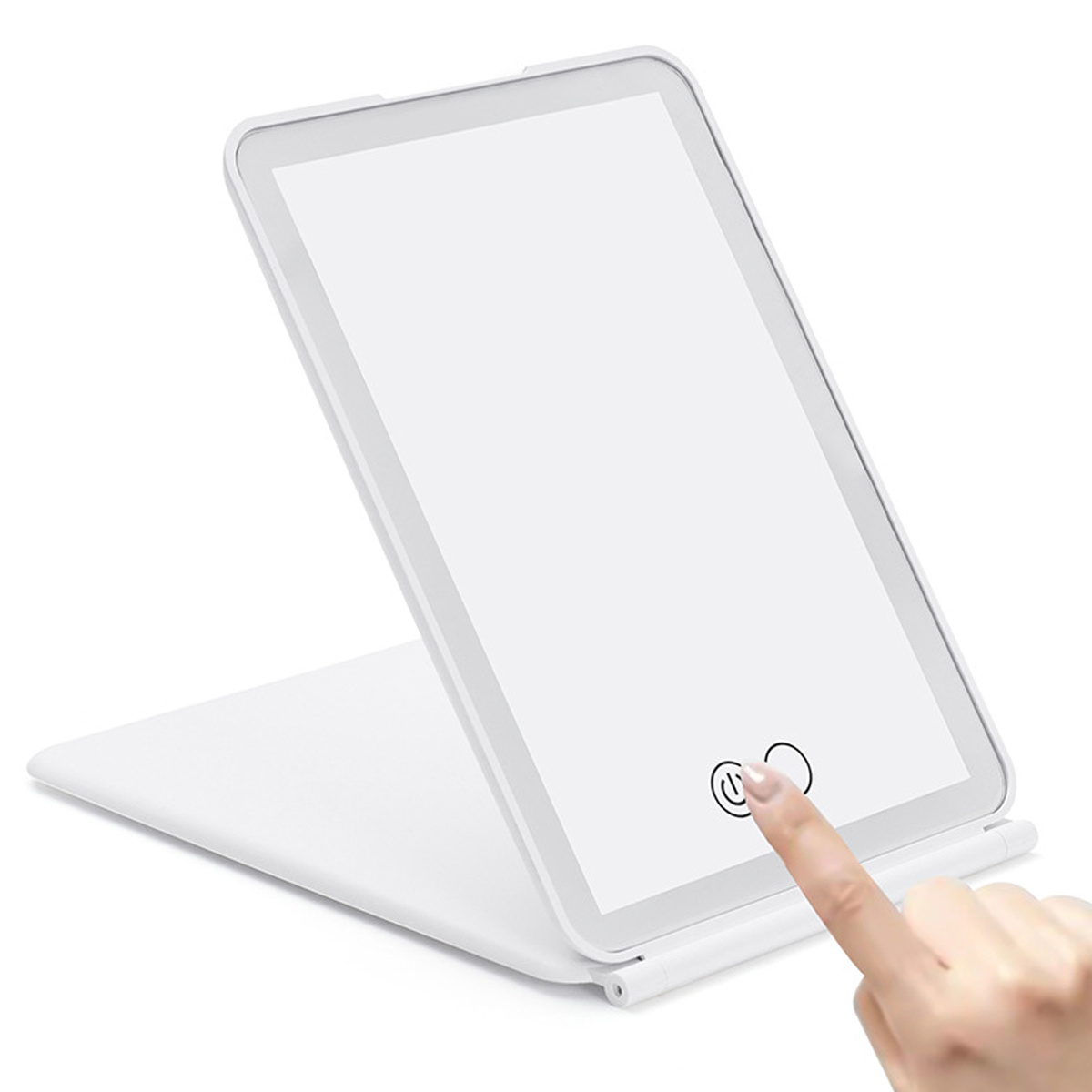 Weißer, tabletartiger Spiegel, gefaltet. Ein Finger berührt den Bildschirm, der eine Steuertaste anzeigt.